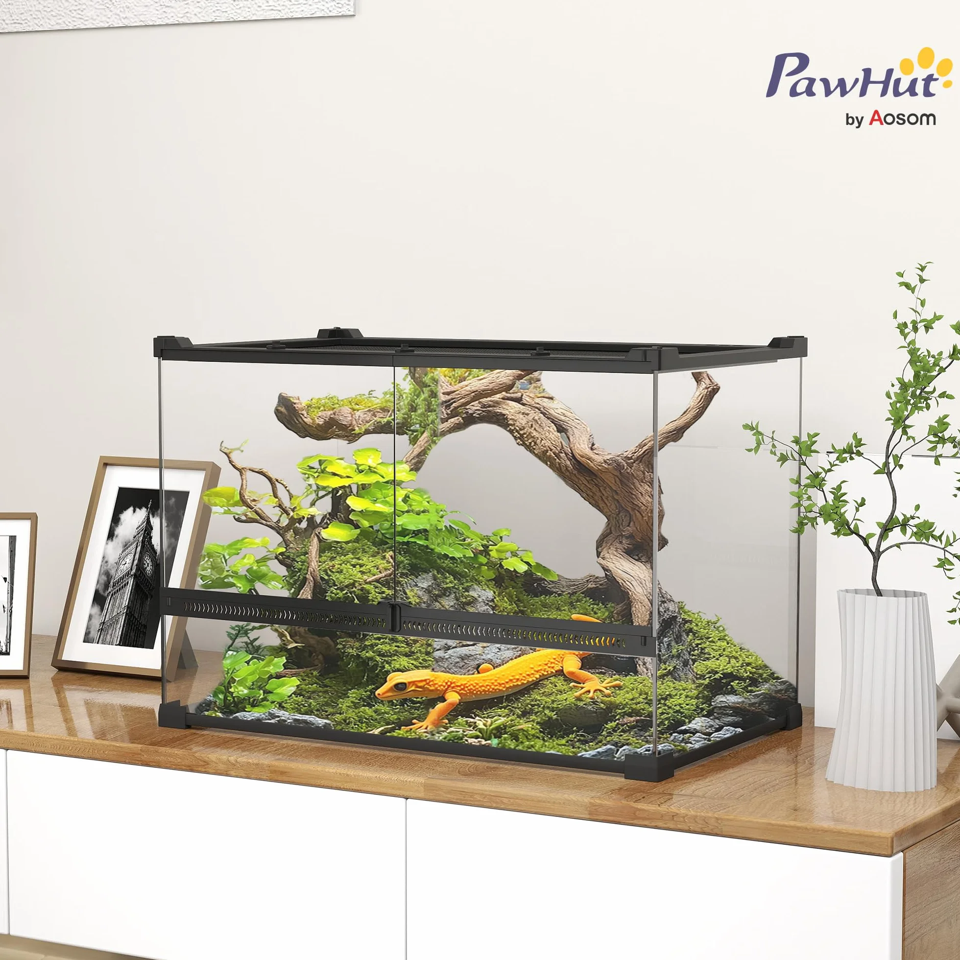 PawHut Terrarium dla gadów, szklane sterrarium 48 l, pudełko na karmienie gadów, z przednią wentylacją, odporne na wybicie zamknięcie obrotowe dla pająków, czarne, 50 x 30 x 35 cm