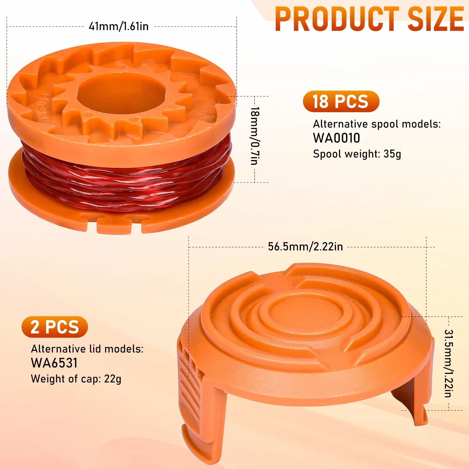 20 sztuk zestaw wymiennych szpul do podkaszarki Worx, do wszystkich podkaszarek do trawy z 20 V, Ø 1,65 mm, długość 3 m, zawiera 18 sztuk żyłek do podkaszarki i 2 sztuki pokrywek