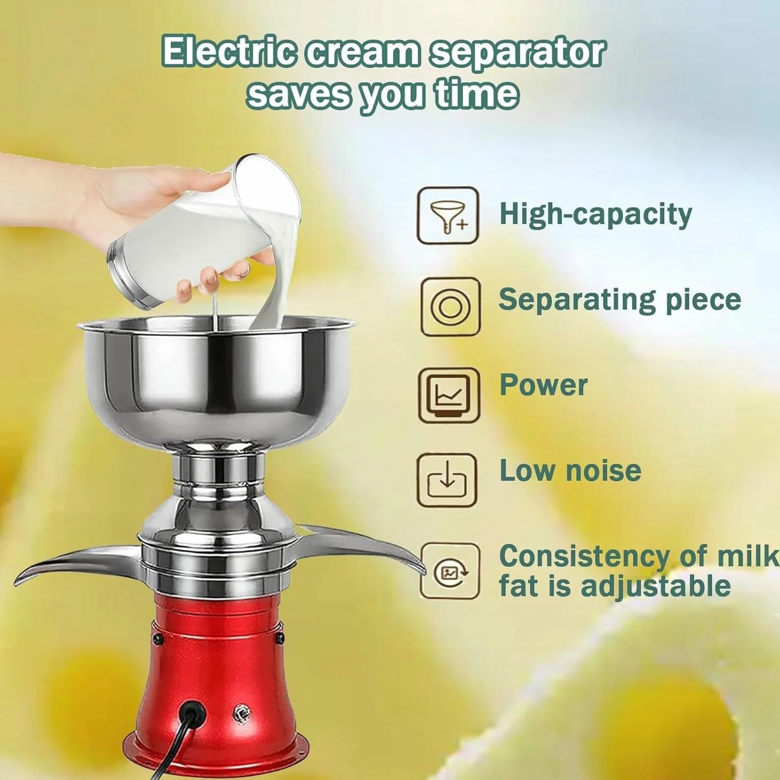 Elektryczny Separator Mleka, Wirówka Do Mleka Koziego I Świeżej Śmietany, Miska 8 L, Podstawa Ze Stali Nierdzewnej 304, 9500 Obr./min, Do Mleka Krowiego, Wielbłądziego I Odtłuszczonego