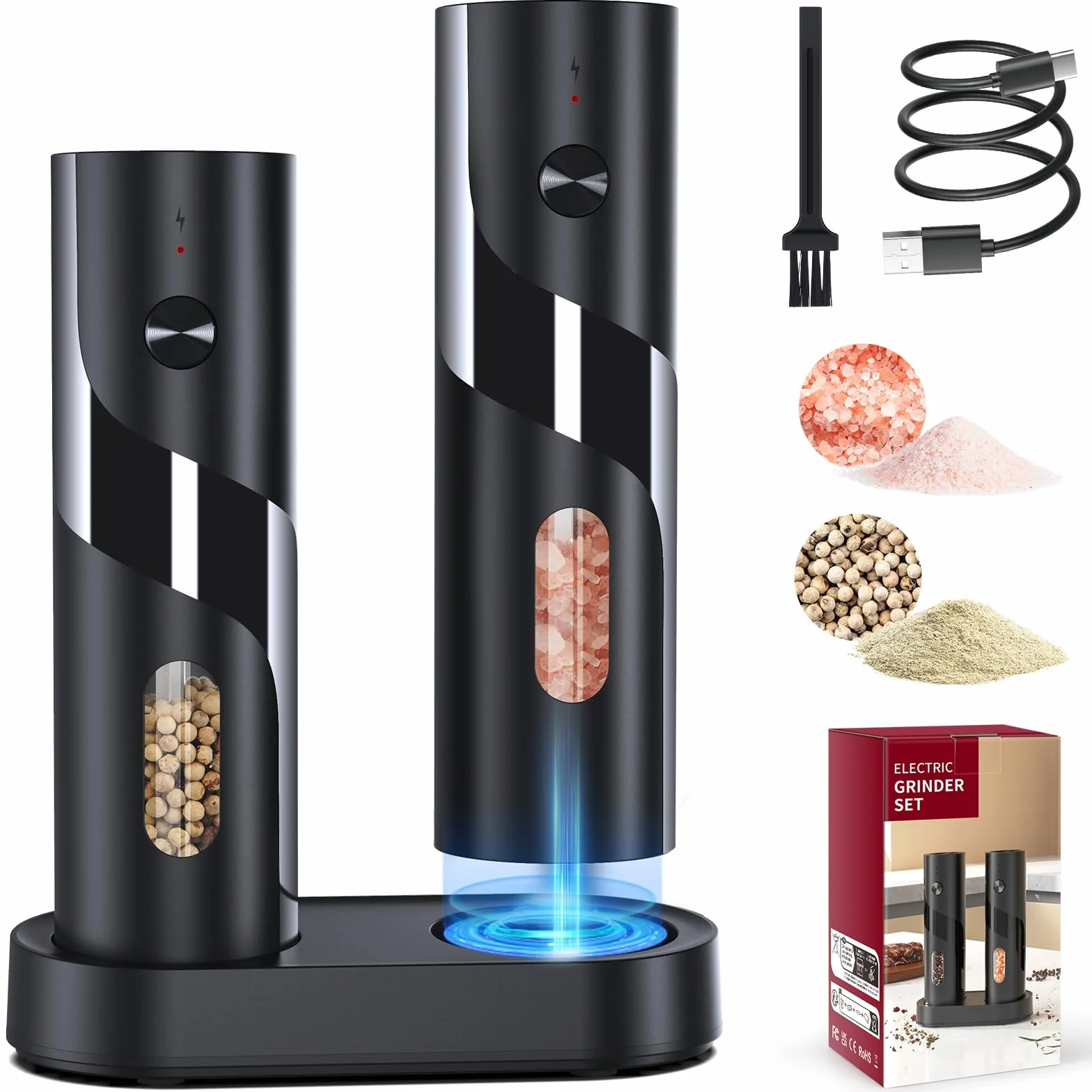 Homtronic Elektryczny młynek do pieprzu, 4 poziomy regulacji grubości,LED Light, Automatyczne mielenie, do kuchni BBQ