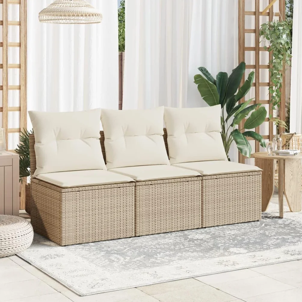 vidaXL Sofa ogrodowa z poduszkami, 3-osobowa, beżowa, polirattan, kanapa ogrodowa, siedzisko ogrodowe, czteroosobowa sofa ogrodowa, kanapy ogrodowe