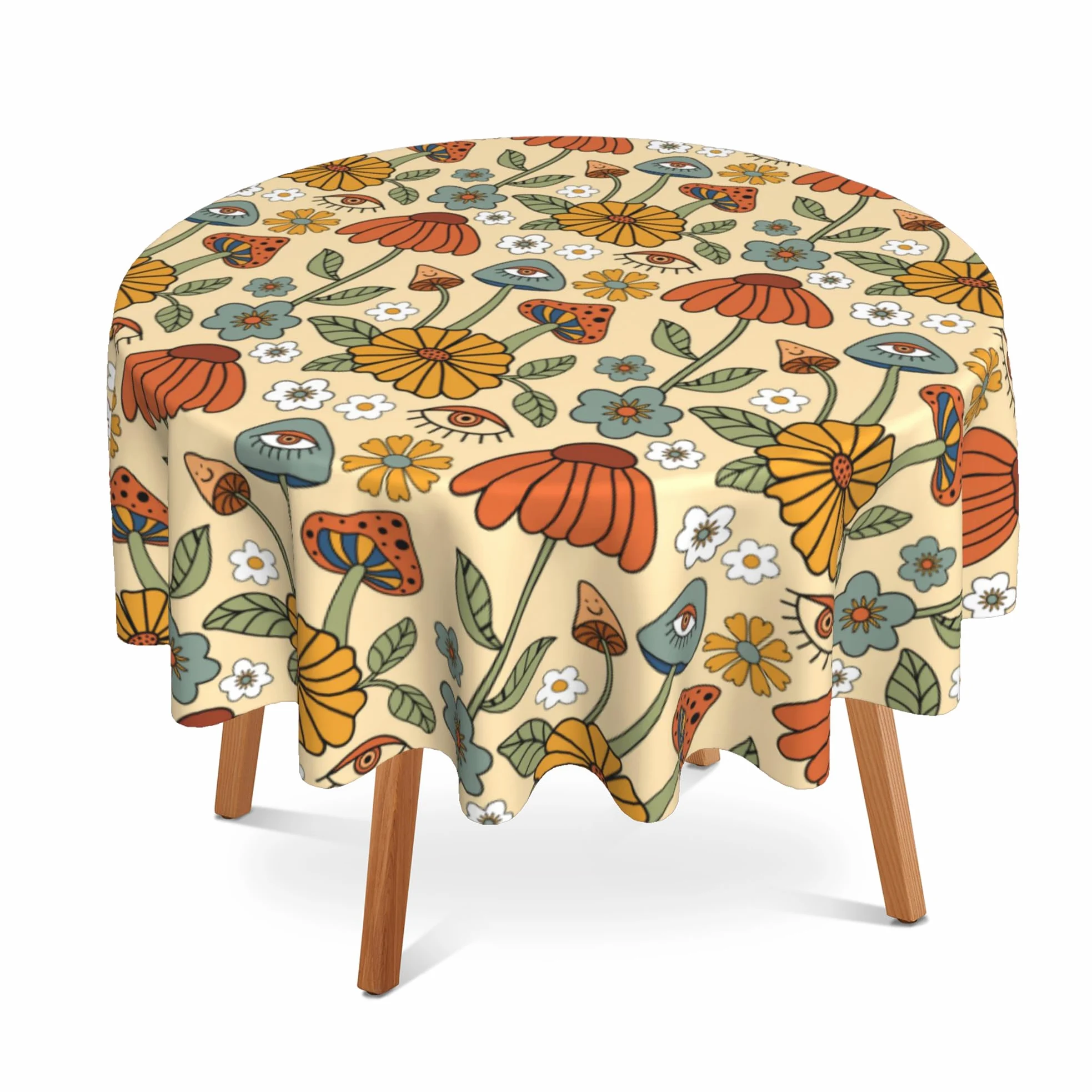 Okrągły obrus w stylu retro boho 152 cm, urocze grzyby, kwiatowy obrus, wodoodporny, odporny na plamy i zagniecenia, okrągły obrus na stół do kuchni, jadalni, na piknik, kemping, do wewnątrz,