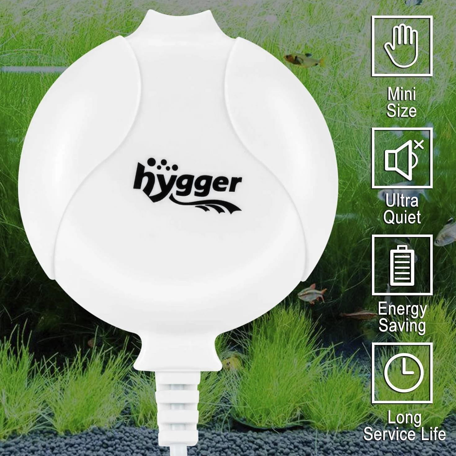 hygger Pompa tlenowa do akwarium, bardzo cicha pompa powietrza do akwarium, poziom hałasu niższy niż 33 dB, 1,5 W, wydajna pompa tlenowa 420 ml/m, nadaje się do basenów rybnych i nanoakwariów