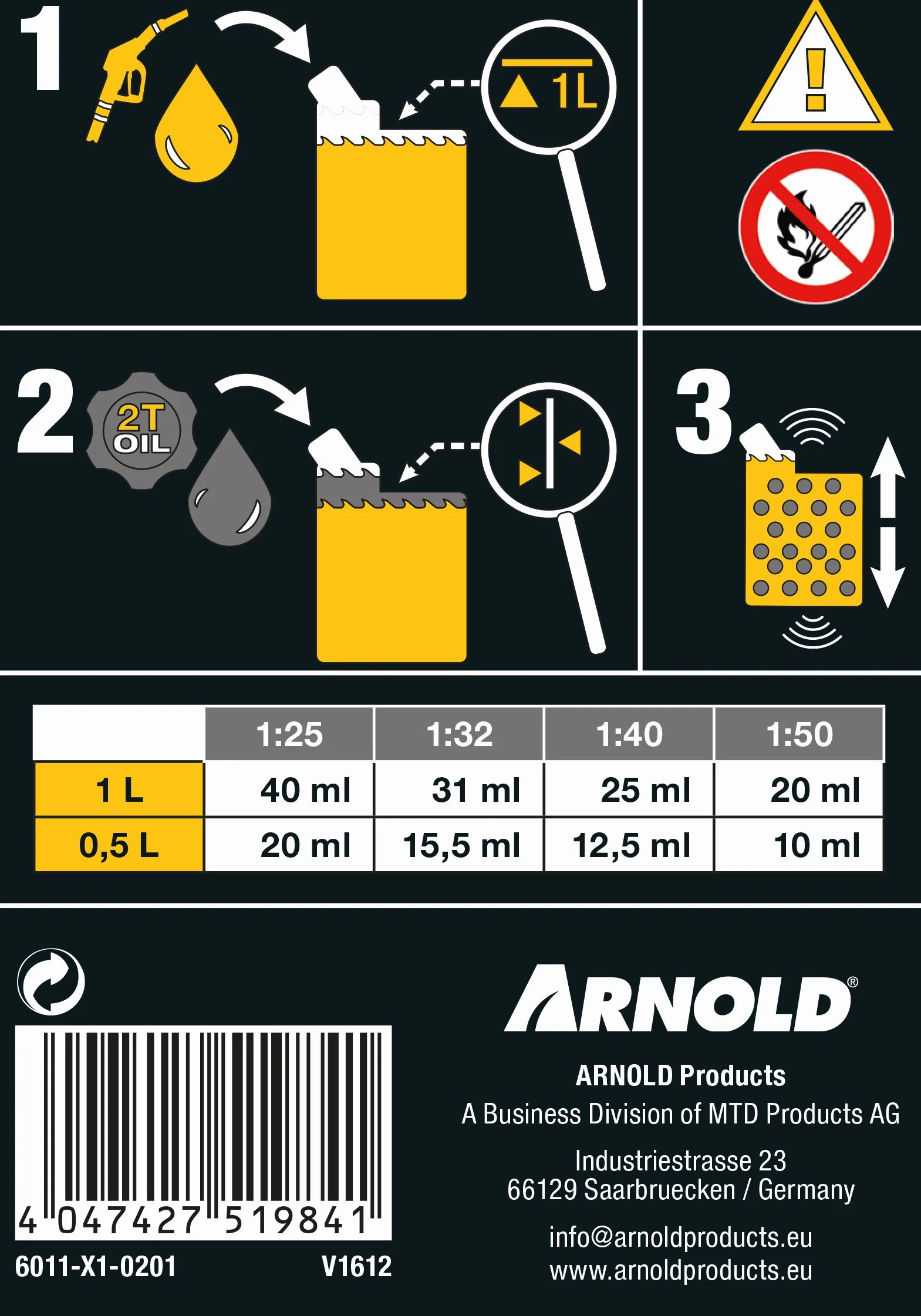 ARNOLD - 2-suwowa butelka mieszająca do 1 litra mieszanki paliwowej, 1:25/1:32/1:40/1:50; 6011-X1-0201