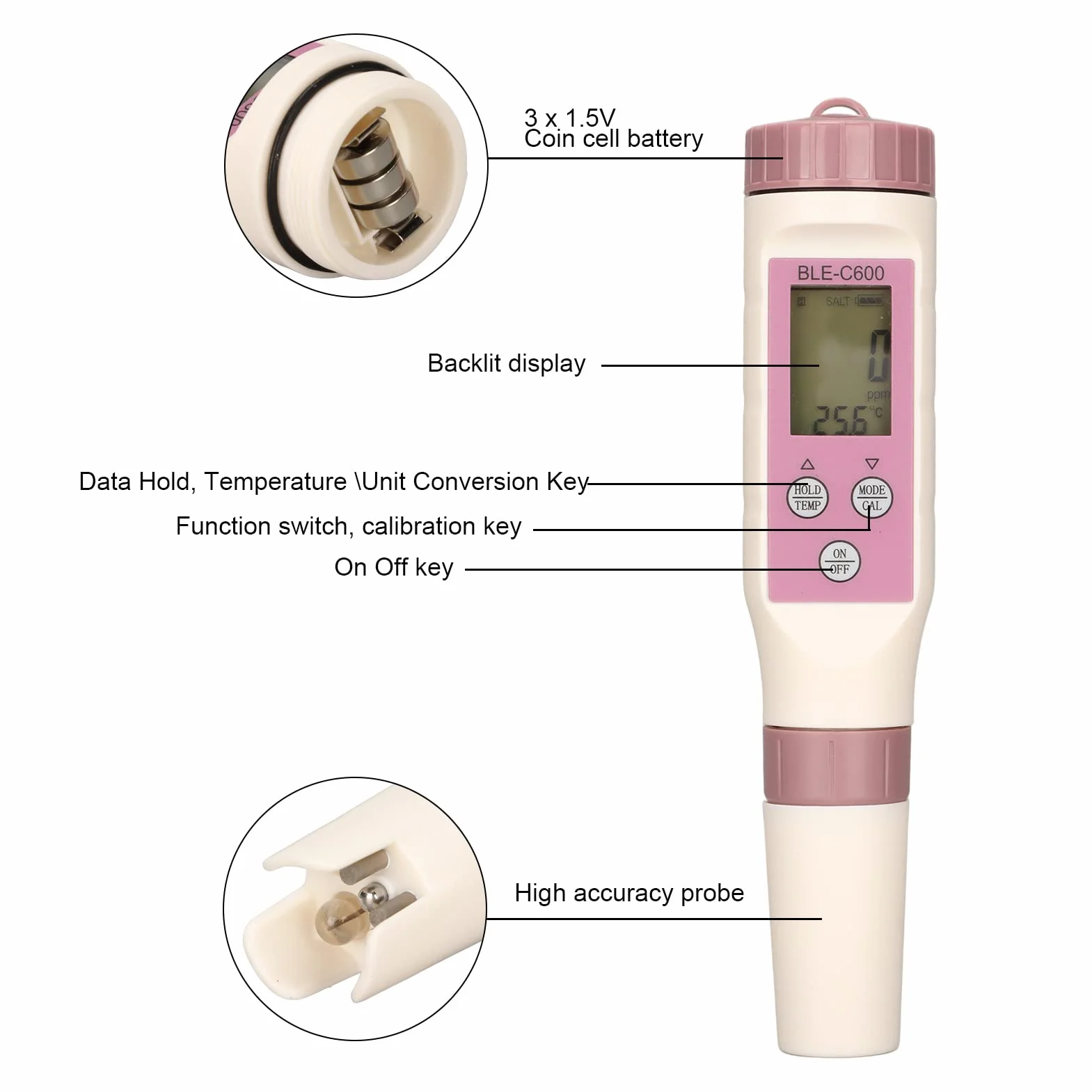 Miernik Cyfrowy BLE C600 i Zestaw do Badania Wody, Długopis do Testowania Jakości Wody, Inteligentny Tester PH Bluetooth z ATC, PH TDS EC ORP SG Miernik Temperatury Zasolenia