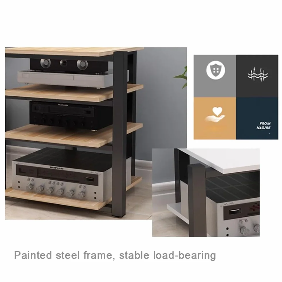4-poziomowy stojak audio z drewnianymi półkami na wzmacniacz, nośniki AV i komponenty stereo, odtwarzacz CD, półka narożna, do studia nagraniowego, czarny, 70 x 55 x 90 cm
