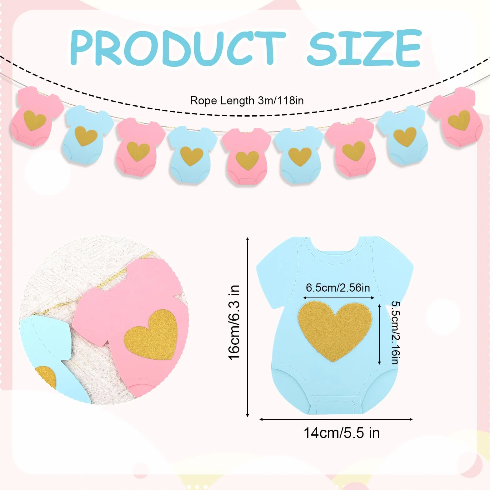 Niebiesko Różowa Papierowa Girlanda na Baby Shower, Body z Krótkim Rękawem Girlanda Sznurku do Bielizny Baner z Informacją o Płci Dziecka Dekoracja na Powitanie Noworodka (Niebieski, Różowy)