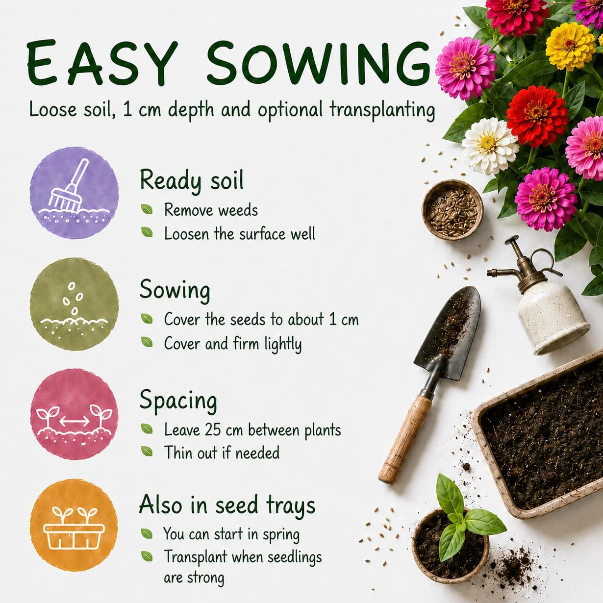 Grounding - Zinnia Elegans “Zinnita Mix” Seeds, 350+ seeds - Compact globe-shaped multicolor flowers (~20 cm) for pots, planters & beds - European Quality