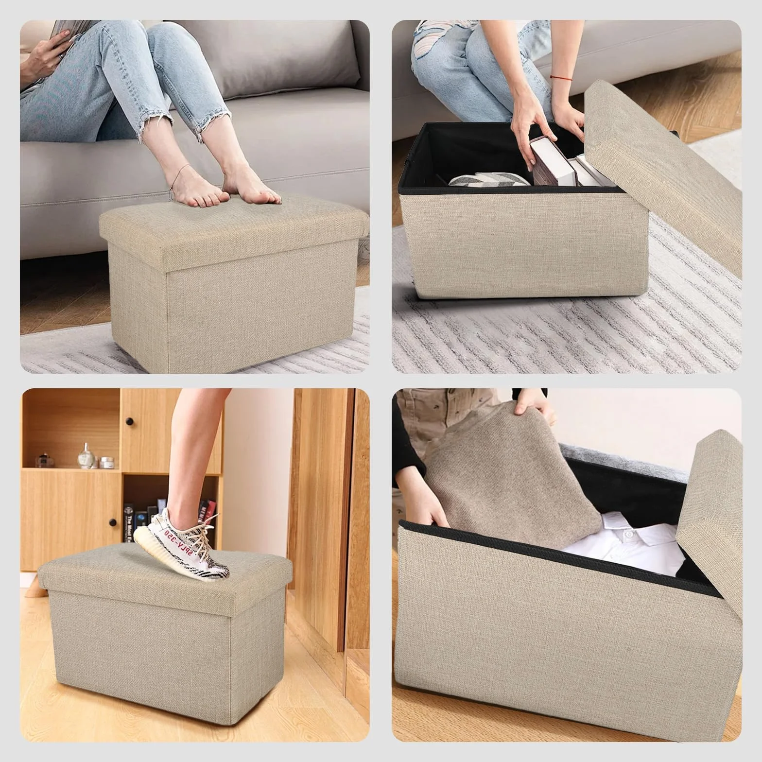Składana pufa do przechowywania - Puff pojemnik z funkcją przechowywania pufa podnóżek skrzynia rozmiar 40 x 25 x 25 cm idealny do salonu, przedpokoju, sypialni (beżowy)