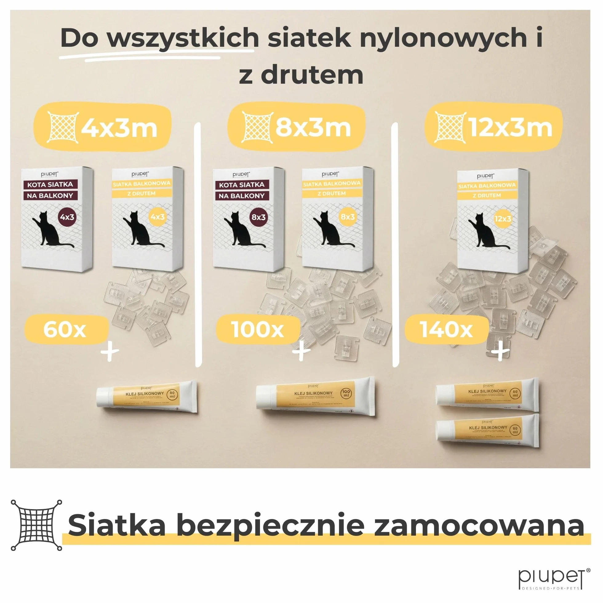 PiuPet® haki samoprzylepne do siatki dla kota bez wiercenia przezroczyste z klejem silikonowym 100 sztuk