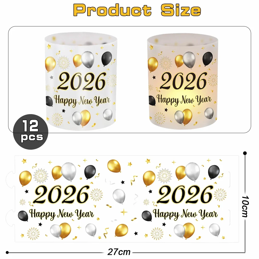 12 świeczników na stół noworoczny + 15 g noworoczne konfetti 2025 czarne złoto, Happy New Year 2025 dekoracja stołu na przyjęcie noworoczne 2025