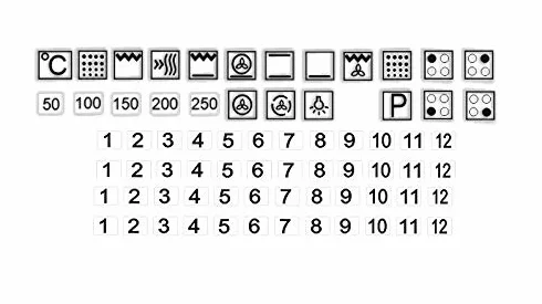 Naklejki na kuchenkę elektryczną R74 symbole czarne przezroczyste tło 0,7 x 0,7 cm