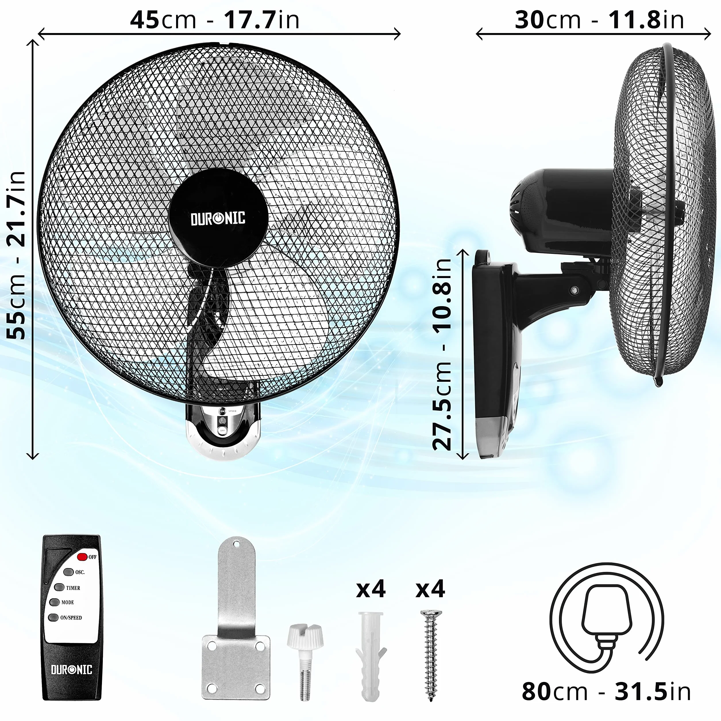 Duronic FN55 Wentylator ścienny 60W | 5 blado 40 cm | Głowica oscylacyjna z timerem | 3 prędkości | Pilot zdalnego sterowania | Mocny i cichy silnik | Zdejmowany uchwyt ścienny przesuwny w locie