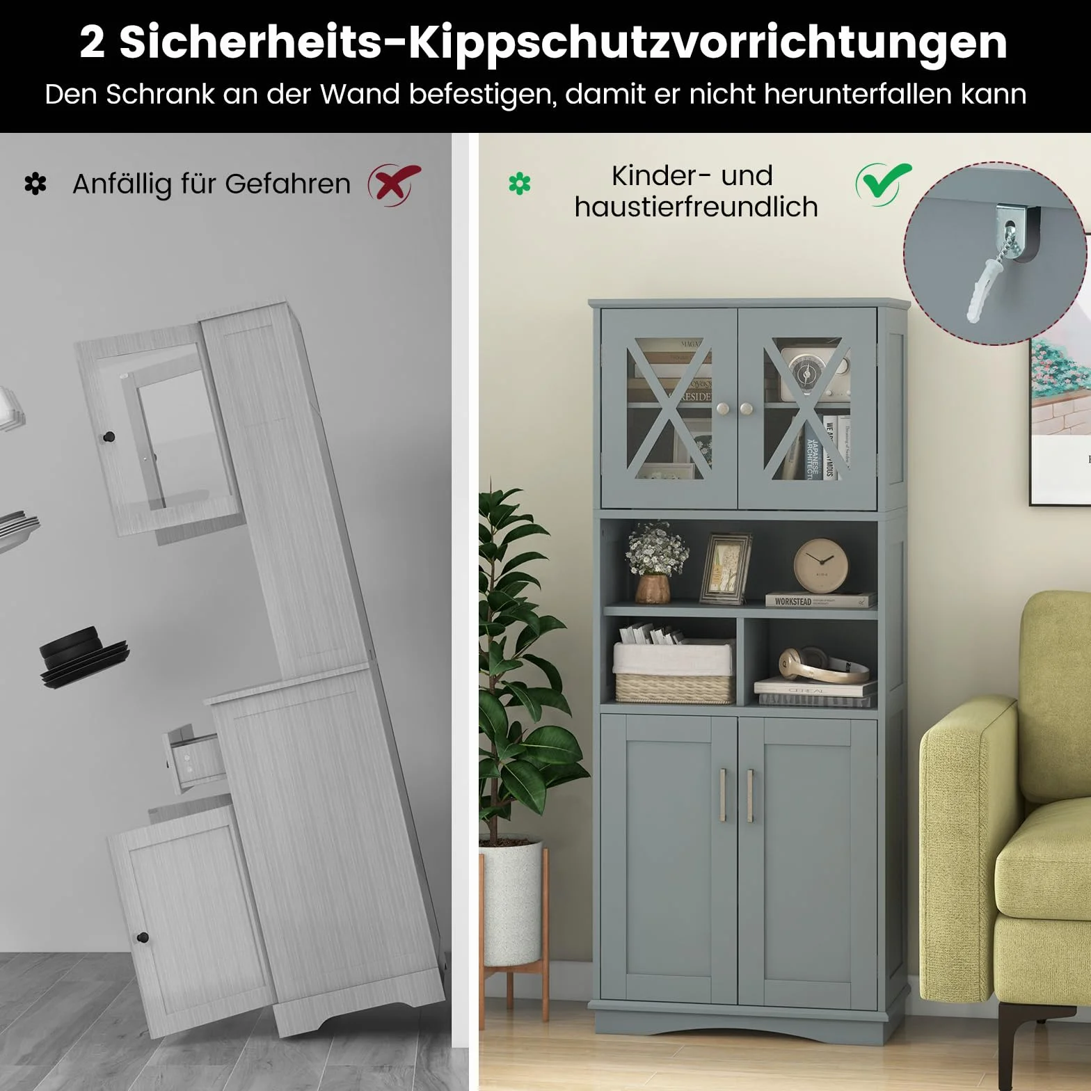 COSTWAY Szafka łazienkowa, wysoka szafka łazienkowa z 3 regulowanymi półkami i 4 drzwiami, drewniana szafka do przechowywania, do łazienki, salonu i kuchni, 60 x 30 x 145 cm (szara)