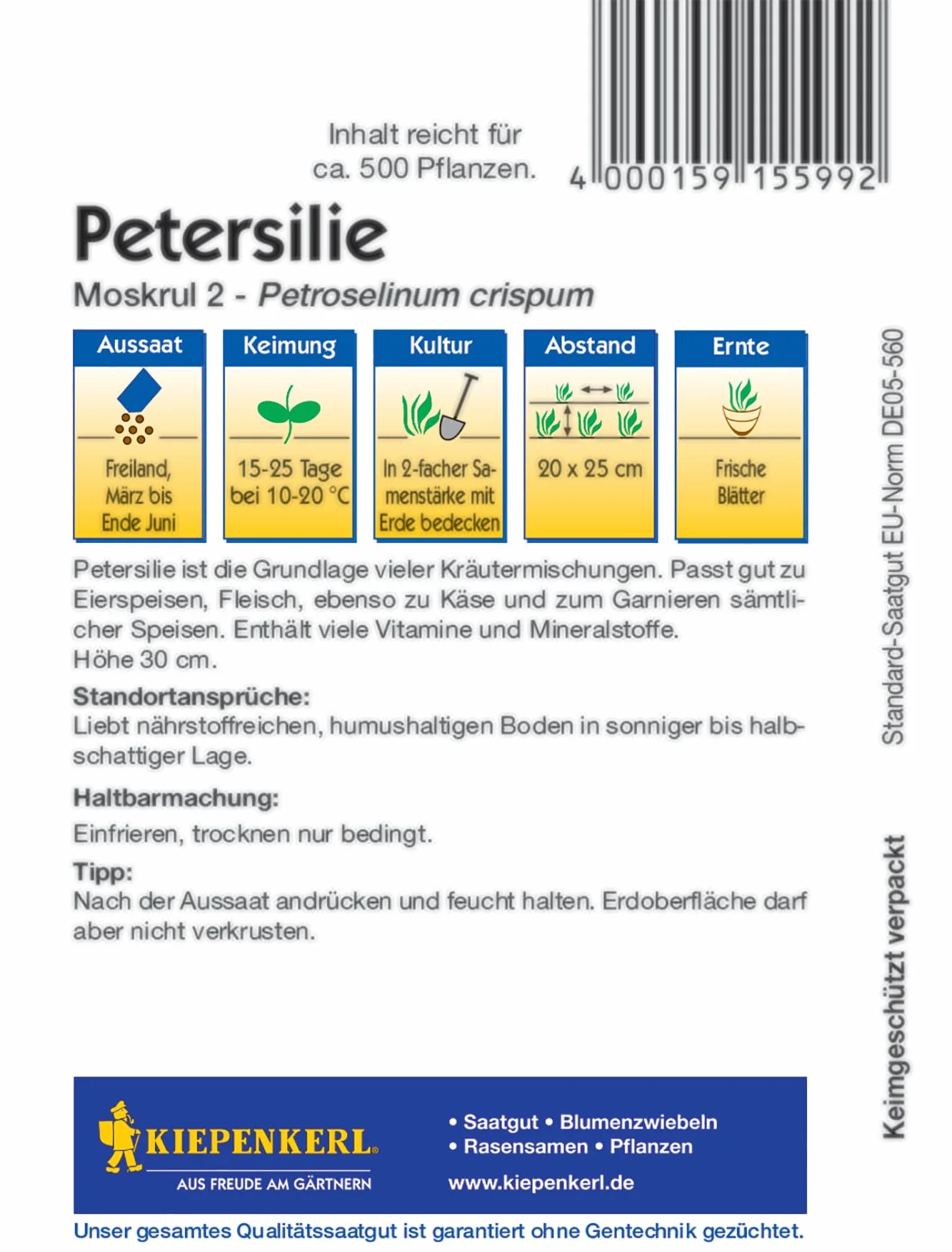 Kiepenkerl Nasiona pietruszki Moskrul 2 599 - Nasiona ziołowe, nasiona warzyw, szybko rosnące rośliny, idealne do mieszanek ziołowych, nasiona na 500 roślin, wysokość wzrostu 20-30 cm