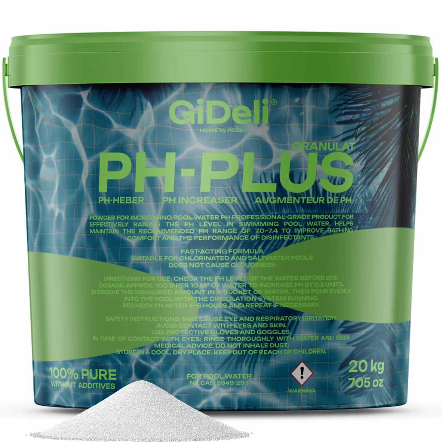 Granulat pH Plus 20 kg w wiaderku, średnia wartość pH w basenie, środek do pielęgnacji wody z hydromasażem dla krystalicznie czystej wody, idealny do wszystkich rodzajów basenów, łatwe dozowanie ph+