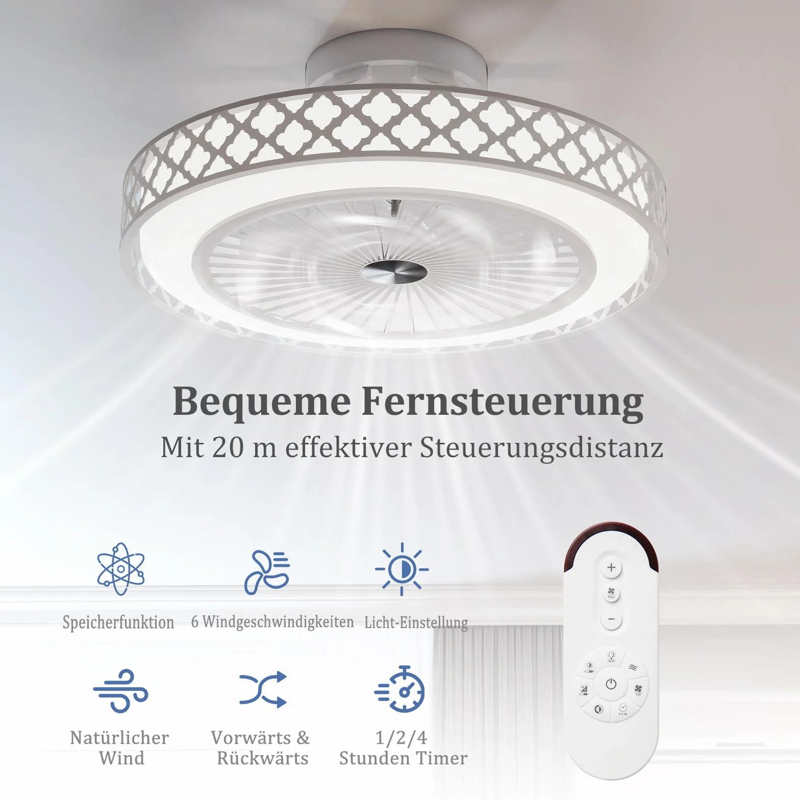 COSTWAY średnica 48 cm wentylator sufitowy z oświetleniem, odwracalny wentylator, LED lampa sufitowa 3000-6500K przyciemniana, 6 prędkości wiatraku & 4H Timer, odwracalny wentylator z pilotem zdalnego