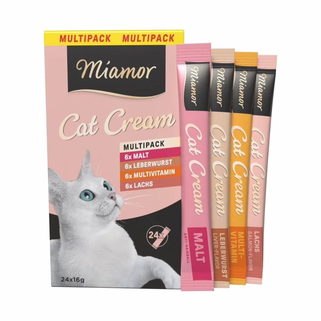 Miamor - Cat Snack (Cream), wielopak, smaczna przekąska do rozpieszczania dorosłych kotów. Karma uzupełniająca w porcjowanym woreczku, bez cukru i sztucznych dodatków, 4 x 24 x 16 g