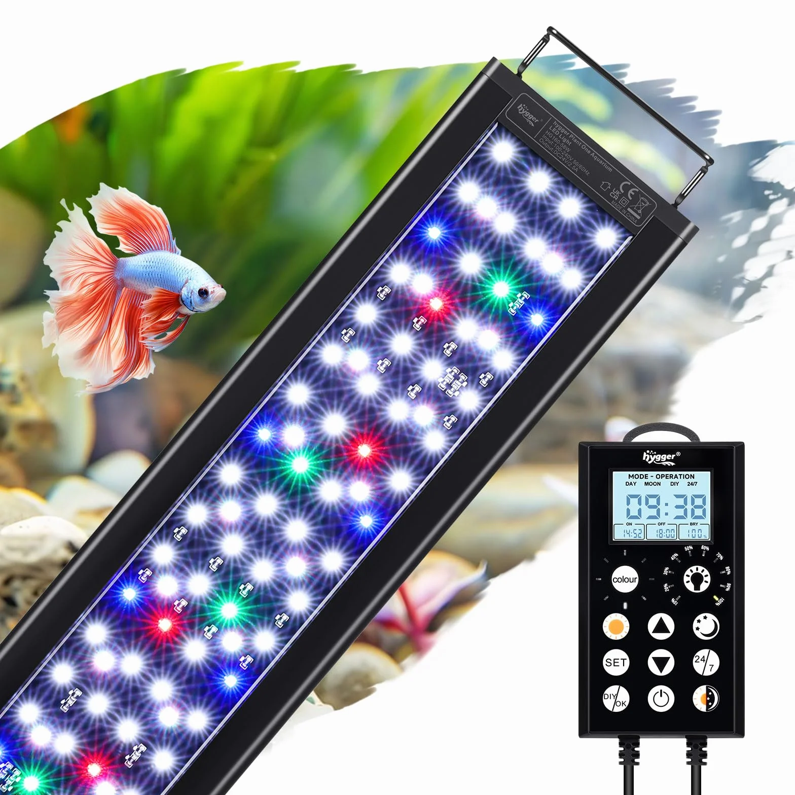 Hygger Oświetlenie LED do akwarium 24/7, lampa z kontrolerem, 5 trybów, 8 kolorów, 58 W, 120-135 cm