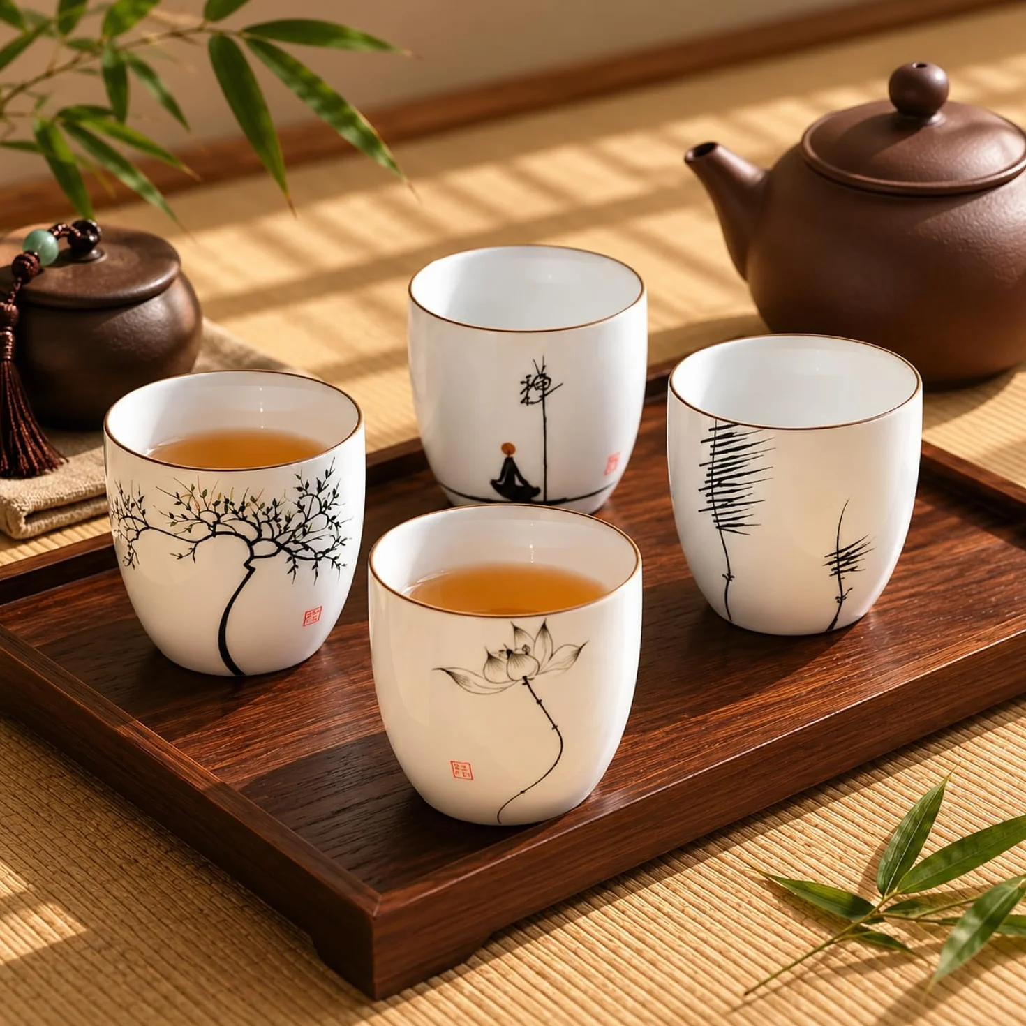 I-MART 4 szt. chińskich ceramicznych filiżanek do herbaty kung fu, zestaw filiżanek do herbaty, 140 ml