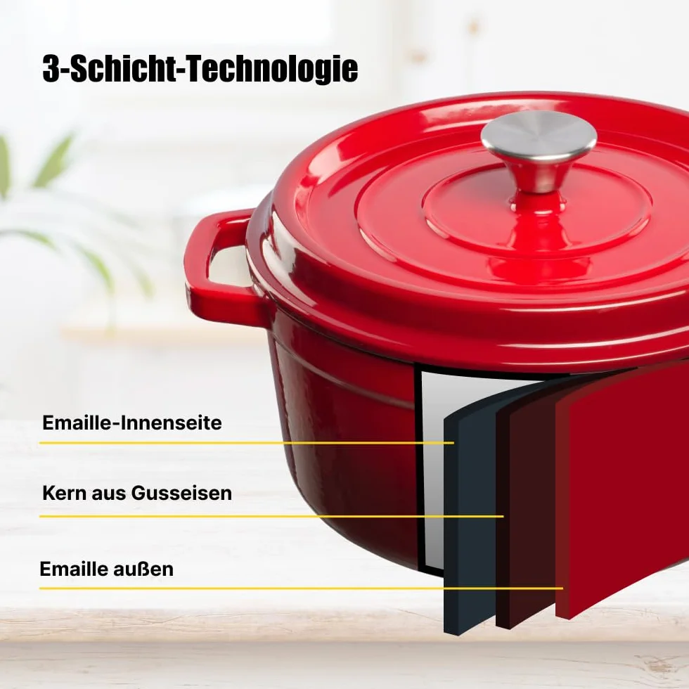 Holenderski garnek żeliwny - Emaliowany garnek żeliwny z pokrywką i szerokimi uchwytami do pieczenia w kuchni, duszenia - pojemność 3.5L, czerwony