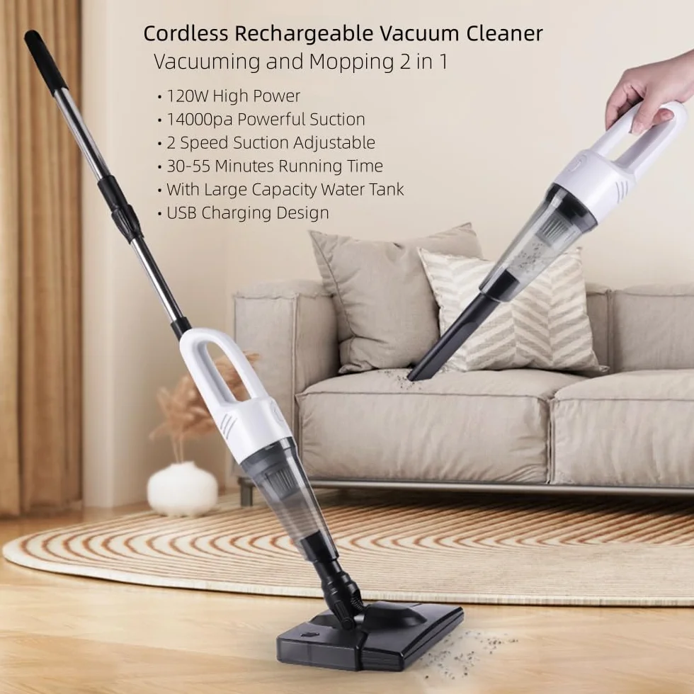 Bezprzewodowe Pionowe Odkurzacze Na Suche I Mokre Z Mopą, 14000pa Odkurzacze Miotła Lekki Mop 2 w 1, 2 Regulowane Prędkości, Pionowy Odkurzacz Domowy Do Twardej Podłogi Zwierzęta Domowe (Czarny)