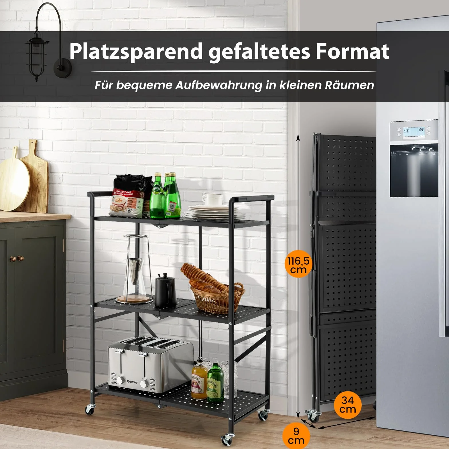 Costway składany wózek do serwowania, wózek kuchenny z 4 kołami, 2 blokowane, 3-piętrowy regał metalowy, uniwersalny wózek do kuchni, biura, garażu, salonu, stabilny stolik pomocniczy, wózek na