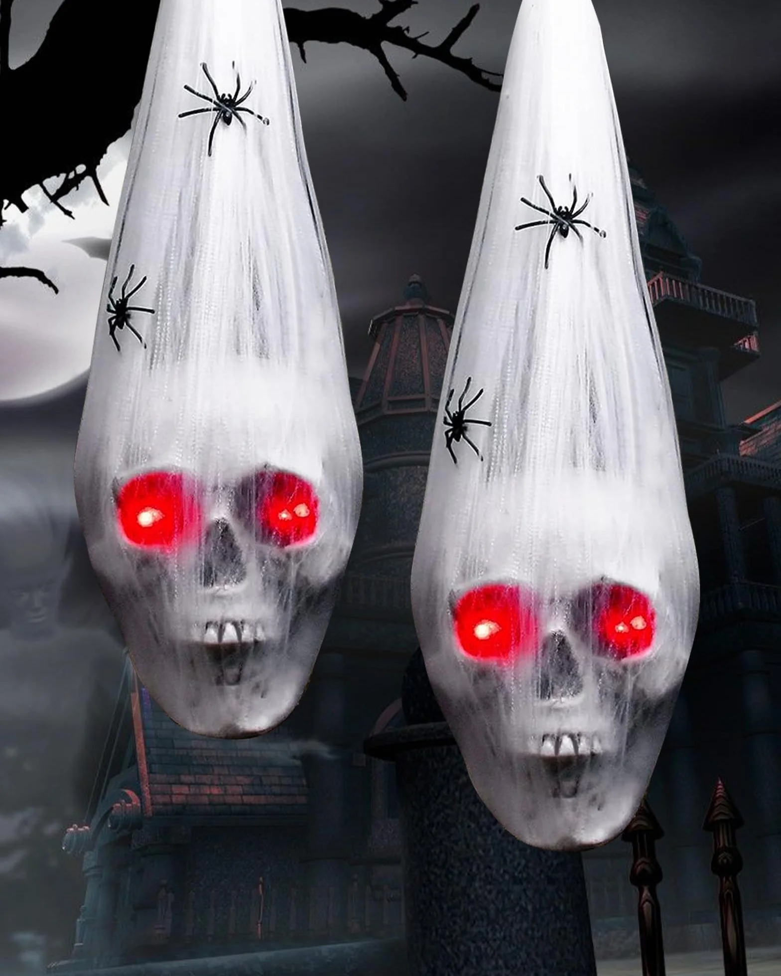 2 dekoracje do zawieszenia na Halloween, czaszka na świeżym powietrzu z 2 pająkami, dekoracja na Halloween, czerwone oko, trupia czaszka, oświetlenie czerwonych oczu