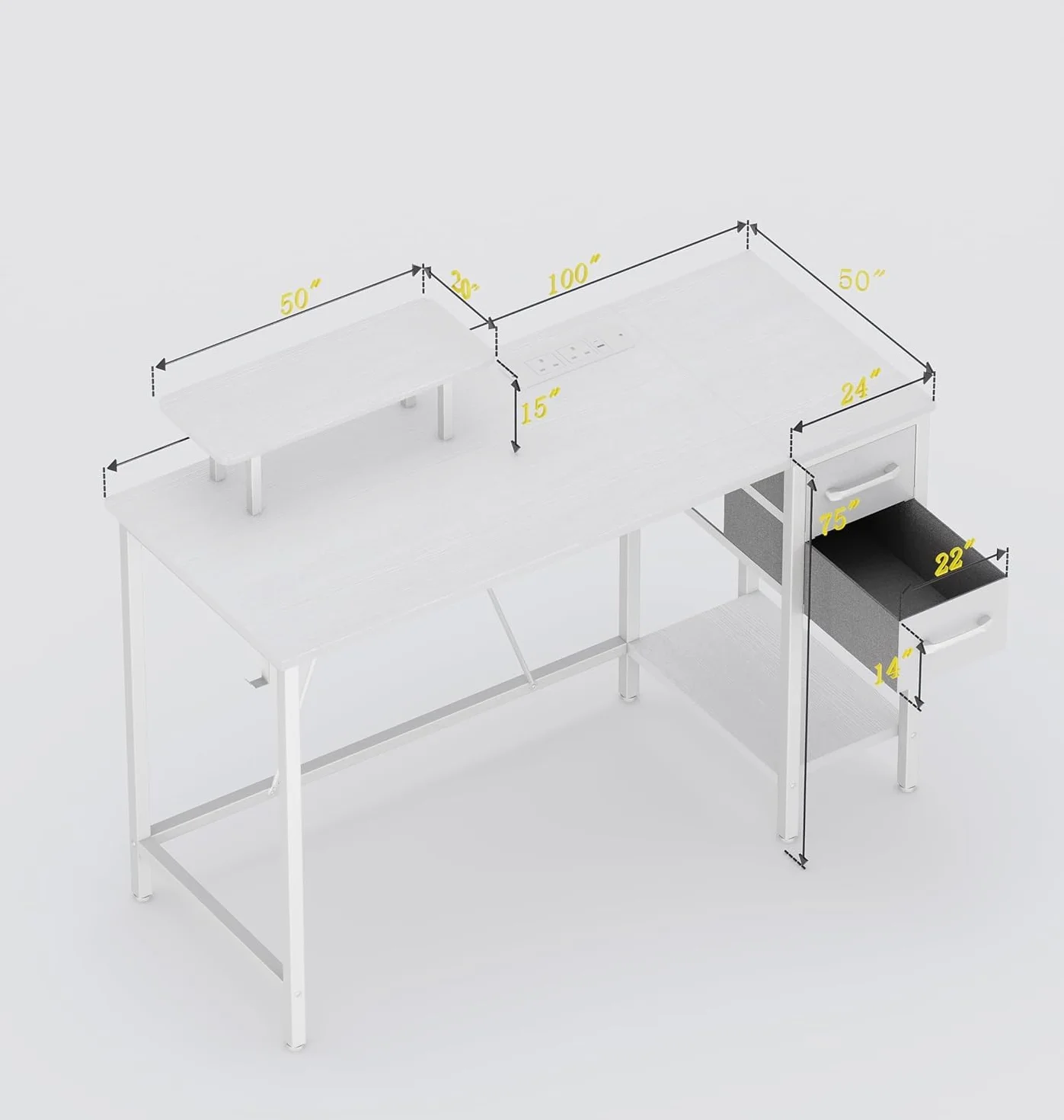 120x50cm Biurko z gniazdkiem elektrycznym, 2 szufladami i zdejmowaną podstawką pod monitor, odwracalne biurko komputerowe PC stół dla domowego biura, gabinetu, sypialni, biały