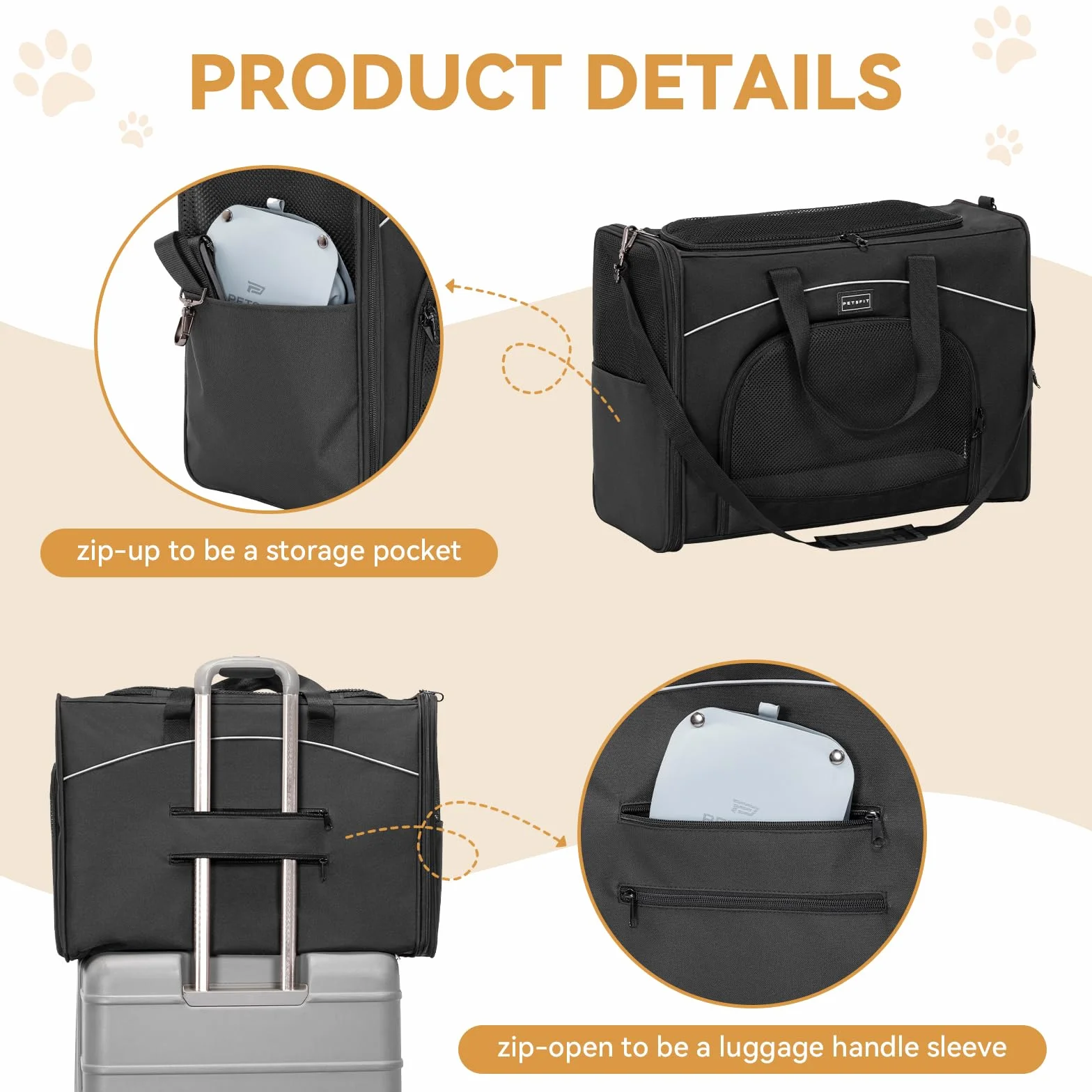 Petsfit Torba dla psa, samolot, 55 x 40 x 23 cm, torba transportowa dla psa, kota, bezpieczny transport w samochodzie, samolocie i pociągu, z 2 metodami umieszczenia, L/czarna
