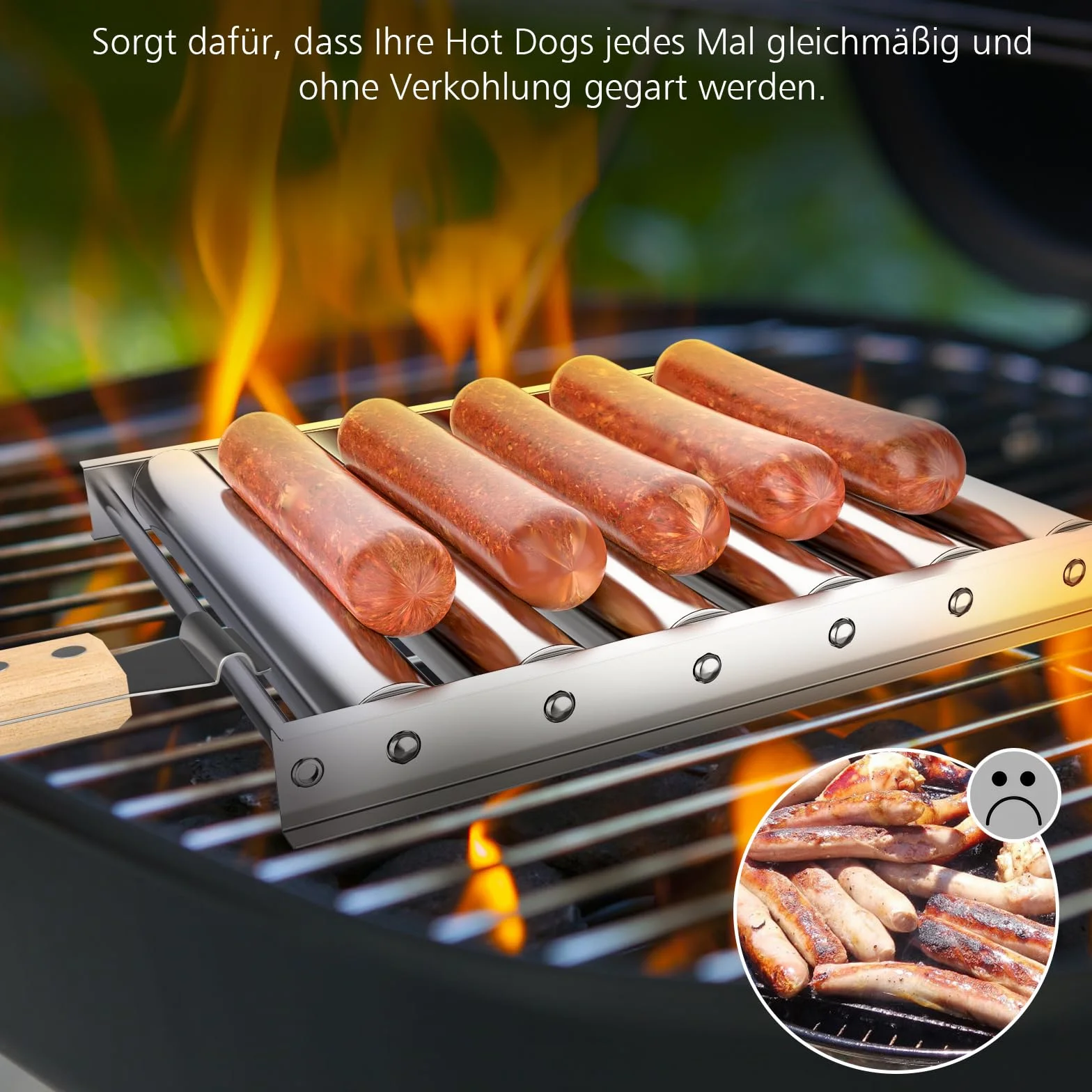 CLOPAE Hulajnoga do grillowania hot dogów, z drewnianym uchwytem, do równomiernego przyrządzania hot dogów