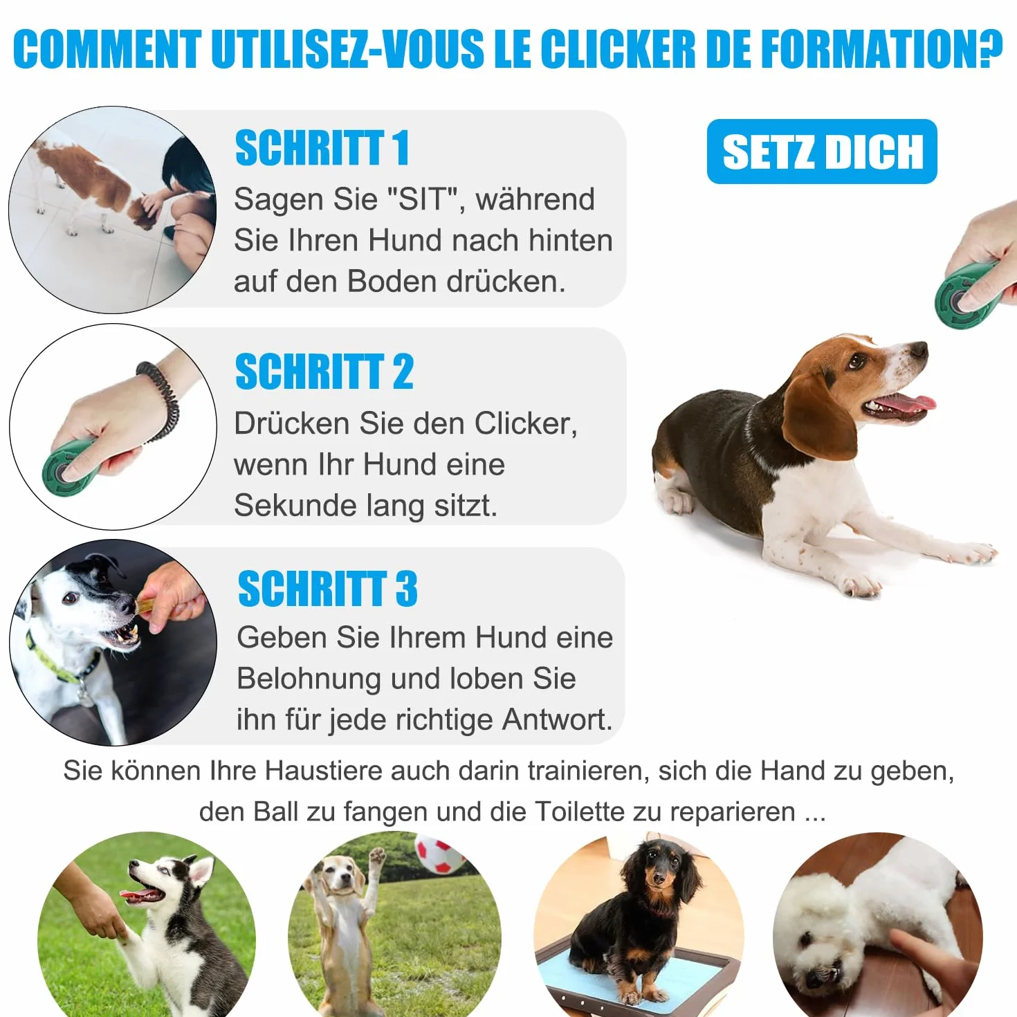 Clicker treningowy z dużym guzikiem, elastyczny pasek na rękę, dla psa, kota, konia, 2 sztuki, zielony + różowy