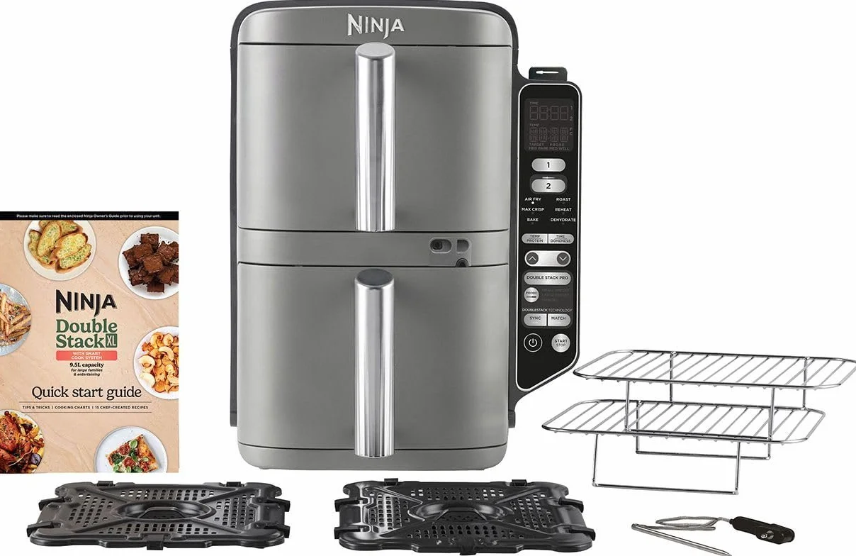 Ninja Double Stack XL Air Fryer frytkownica na gorące powietrze z termometrem cyfrowym, 9,5 l Airfryer, pionowa, cztery ustawienia gotowania, 2 stopnie gotowania i 2 poziomy, 6 funkcji gotowania, 8