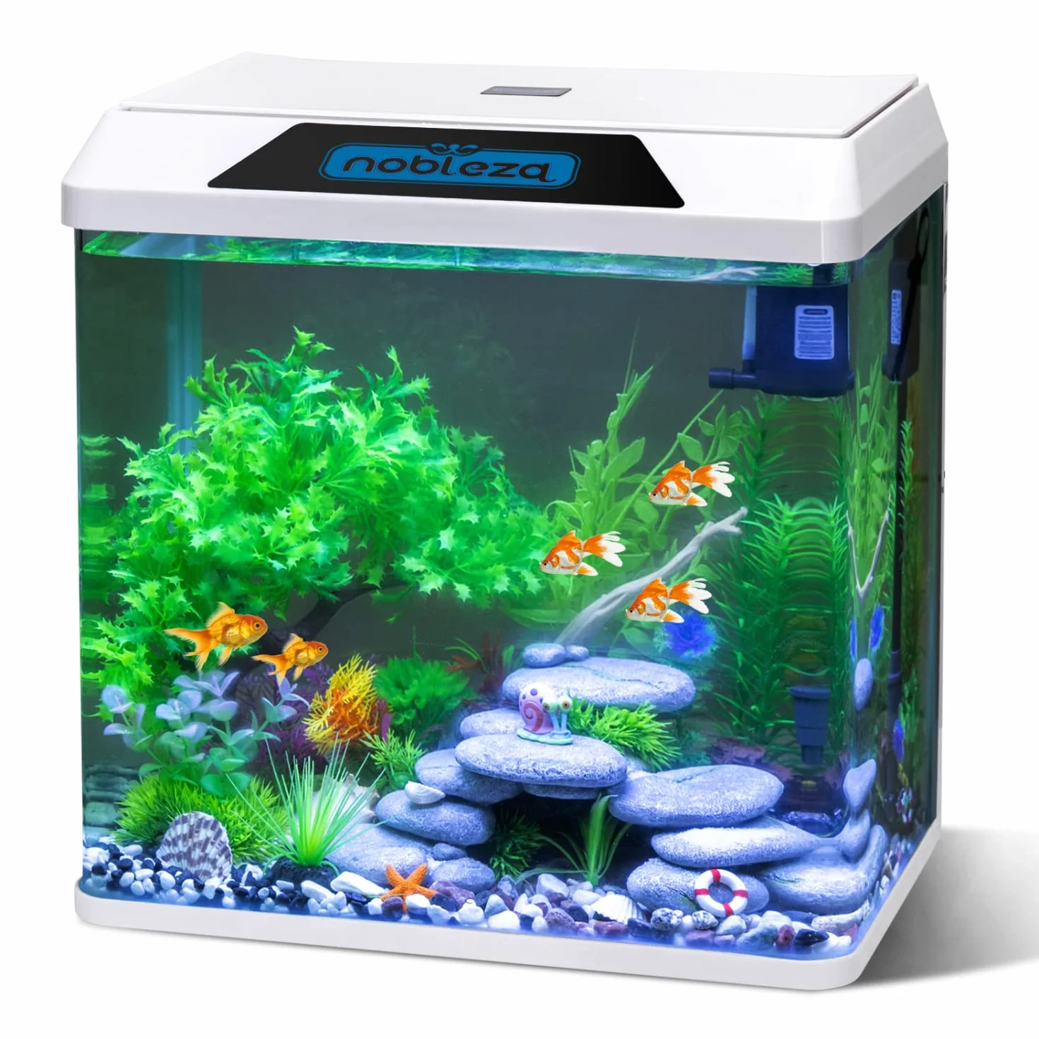 Nobleza Szklane mini akwarium 30 l, kompletny zestaw, ryby, nano akwarium, stabilny basen dla początkujących z oświetleniem LED i wbudowanym systemem filtrowania, kolor biały
