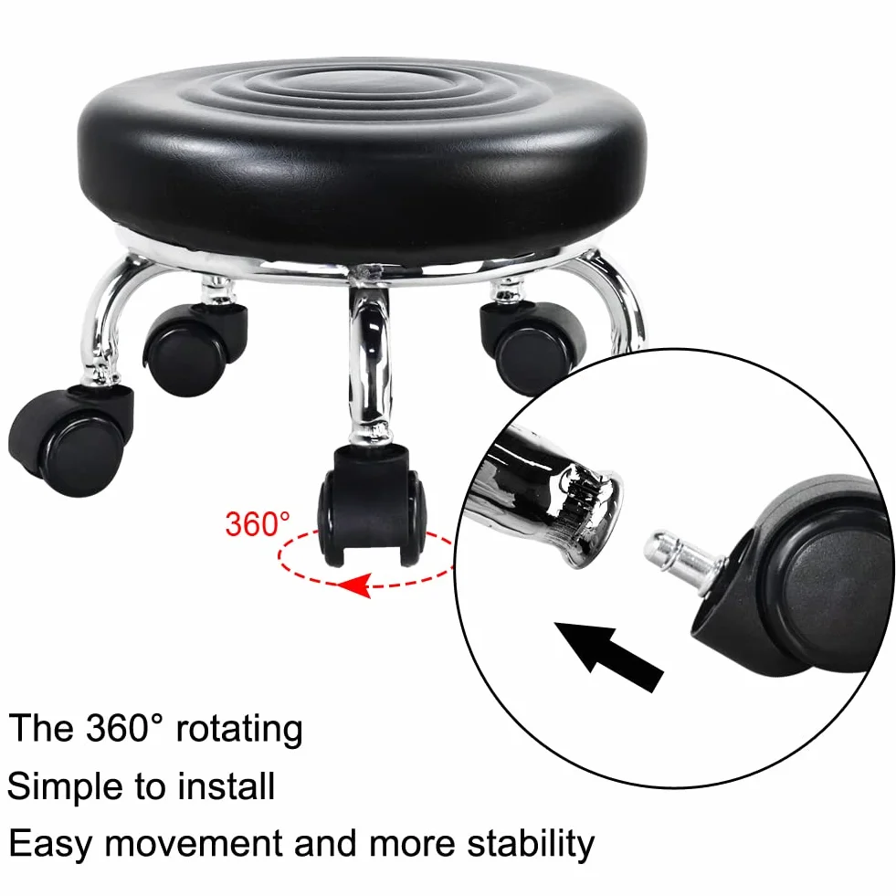 WKWKER Nowoczesne siedzisko rolkowe PU Leather Low Round Rolling Stool Skrętny mały stołek z uniwersalnymi kółkami do garażu domowego Sklep Fitness Sport, H: 21.3cm (czarny)
