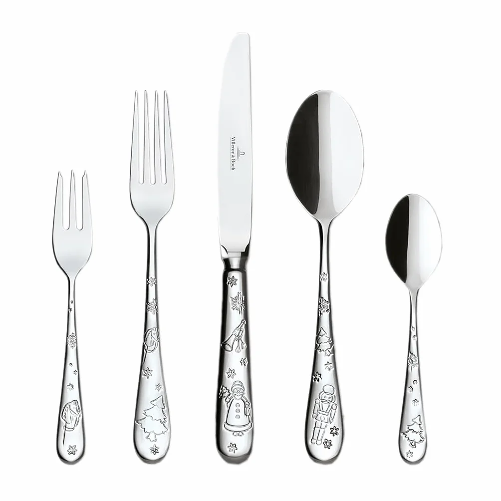 Villeroy & Boch – Toy's Delight zestaw sztućców 30 el., sztućce dla 6 osób, stal nierdzewna z motywami świątecznymi, 6 łyżek, widelców, noży, łyżeczek do kawy i widelczyków, zmywarka