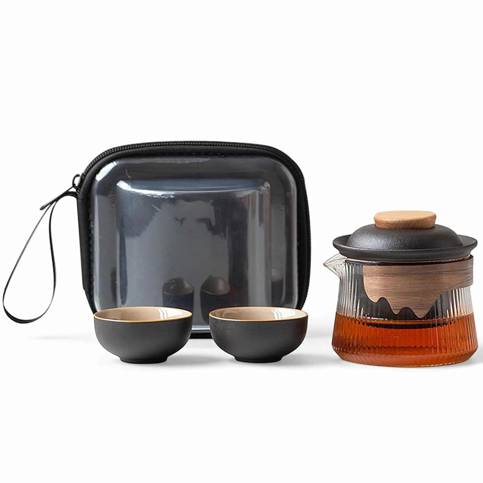 fanquare Przenośny podróżny zestaw do herbaty z porcelanowym, chińskim, czarnym dzbankiem do herbaty Kung Fu ze wkładem do parzenia, mini, 1 dzbanek, 2 filiżanki dla dorosłych