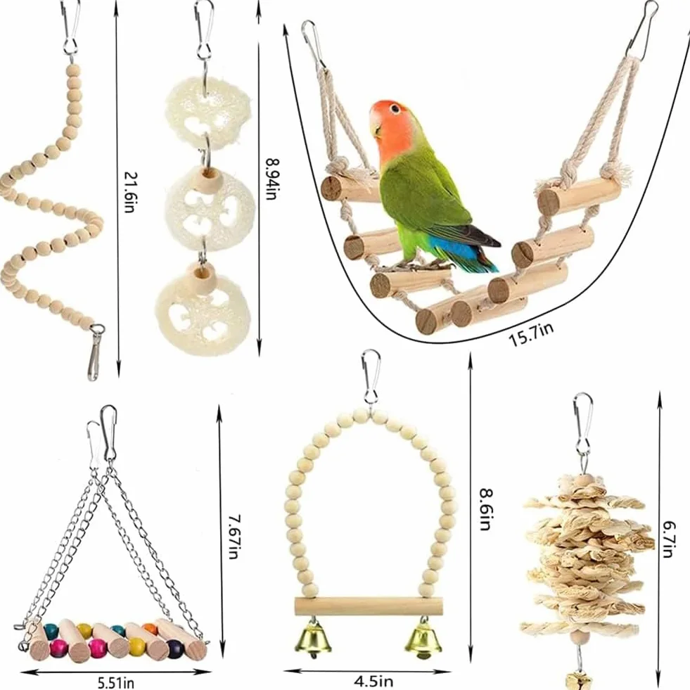 Zabawki dla Ptaków - Papuga, Akcesoria, Huśtawka, Żucie, Stojący, Wiszący Hamak, Drabina Wspinaczkowa dla Papug, Conure, Cockatiel, Mynah, Ptaki Miłości, Zięby, 18 Szt