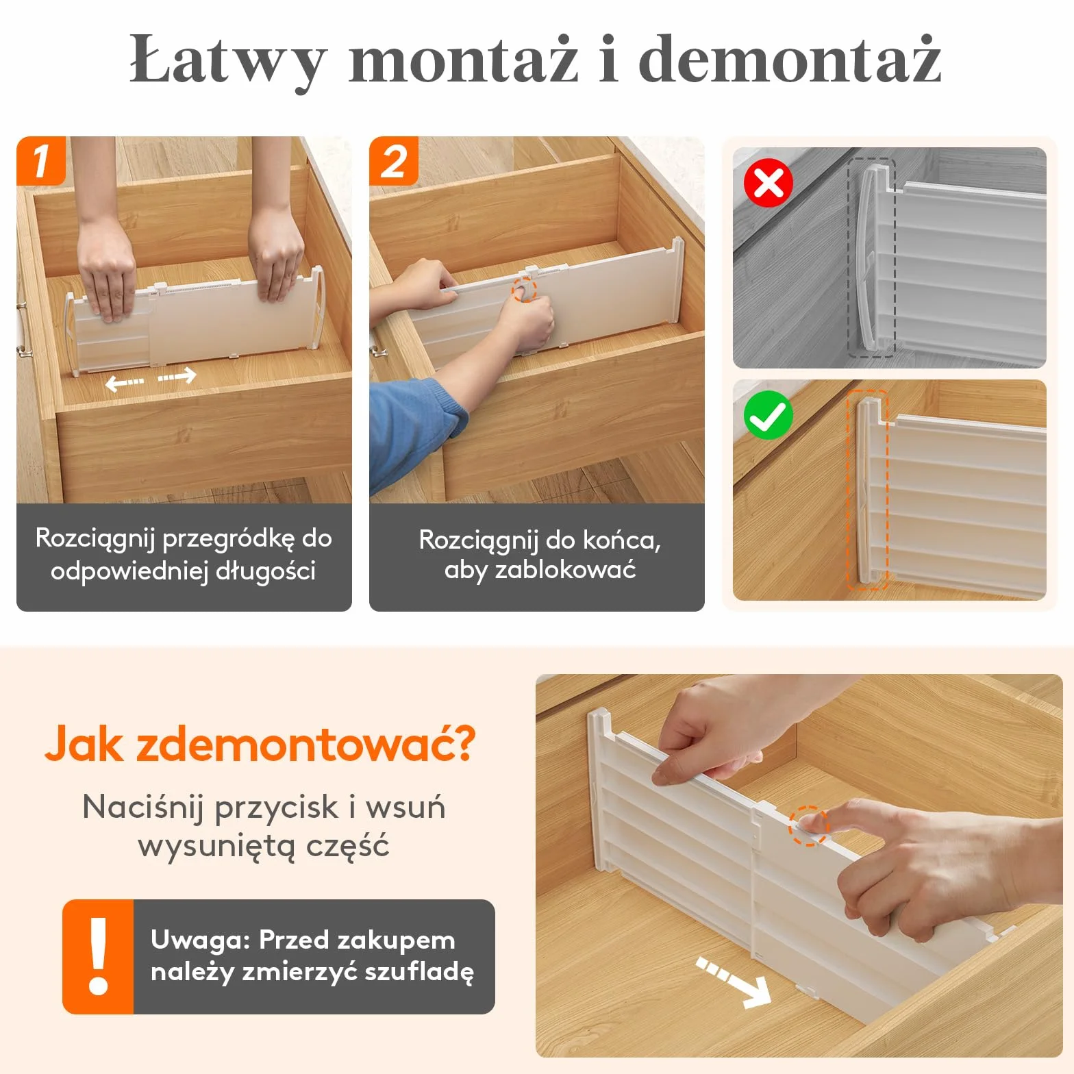 Lifewit 4-pakt głębokich przegród szufladowych o wysokości 15,2 cm, 29,2-47 cm rozszerzalne przegródki na ubrania do szuflad, regulowane organizery do szuflad komody, białe separatory szufladowe do