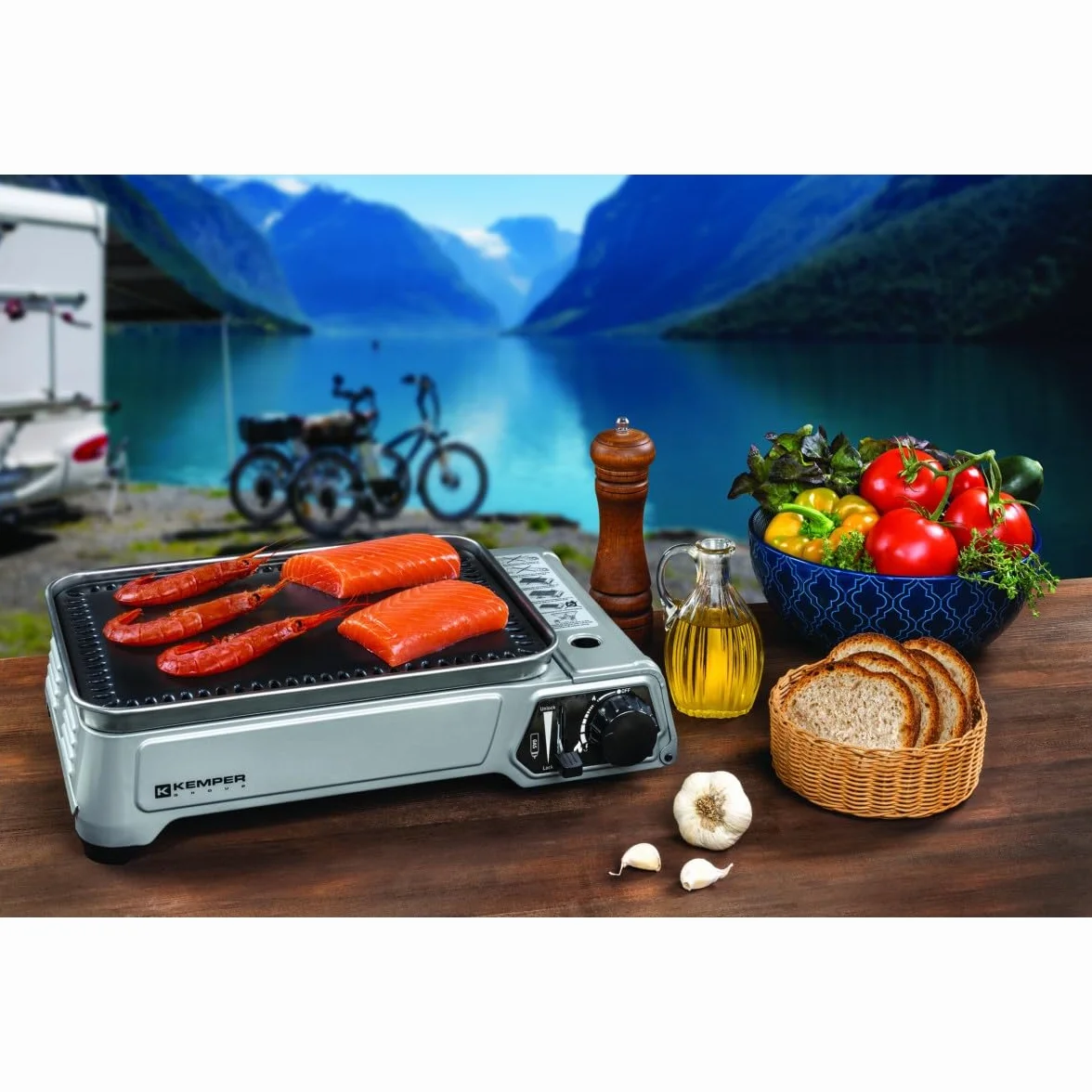 KEMPER Przenośny grill gazowy 1,9 kW kompaktowy stół antyadhezyjny stół balkonowy taras stół kempingowy