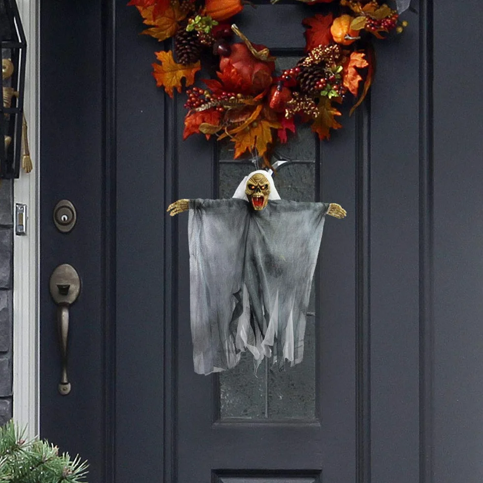 TRIXES Wiszący szkielet czarownicy dekoracja na Halloween, świecące oczy i krzyki, akcesorium na wydarzenie nawiedzonego domu, dekoracja z krzyczącym szkieletem z pętlą do zawieszania - zasilanie