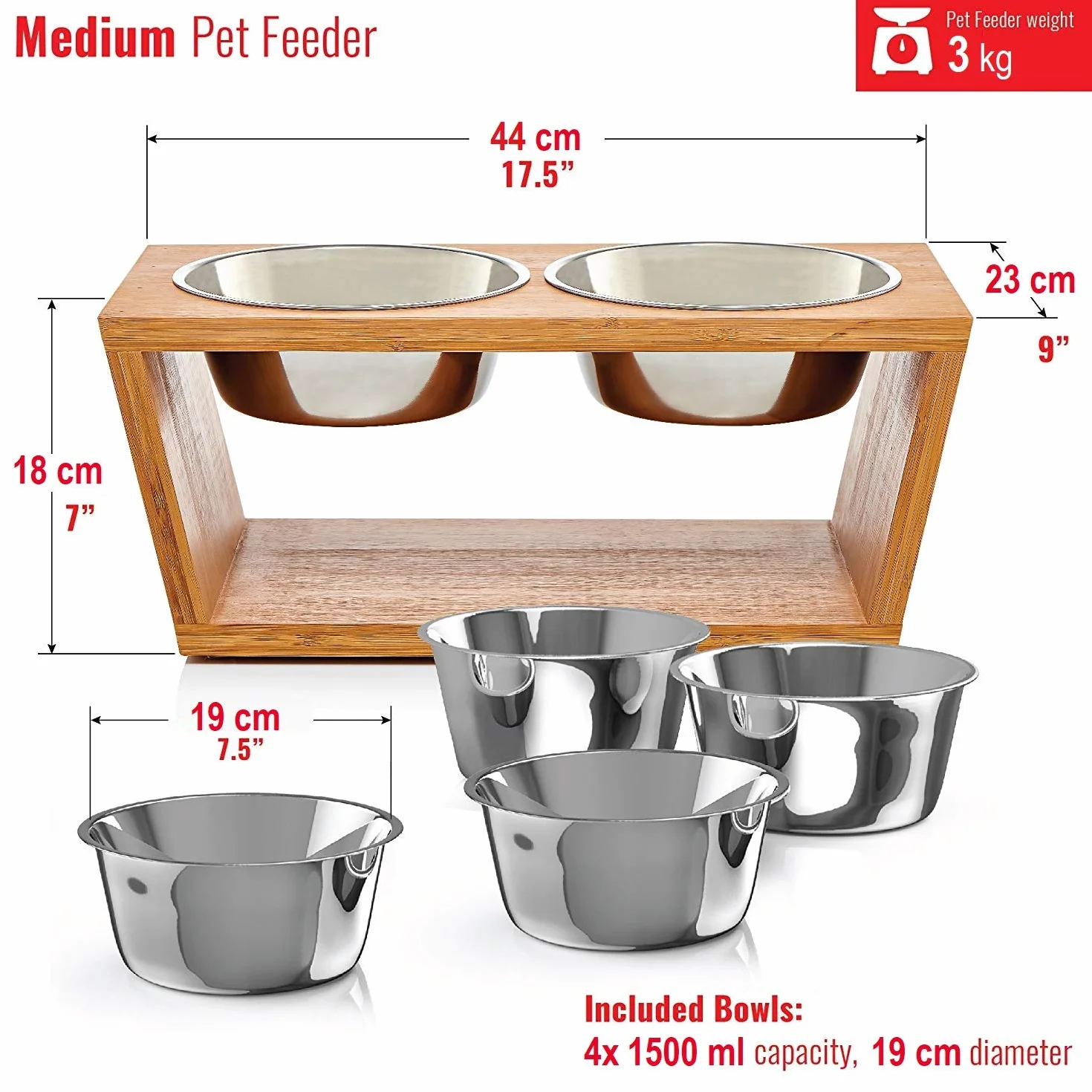 Podwyższony dozownik karmy dla psów z bambusa i stali nierdzewnej 4x1650 ml 18x44,5x23 cm