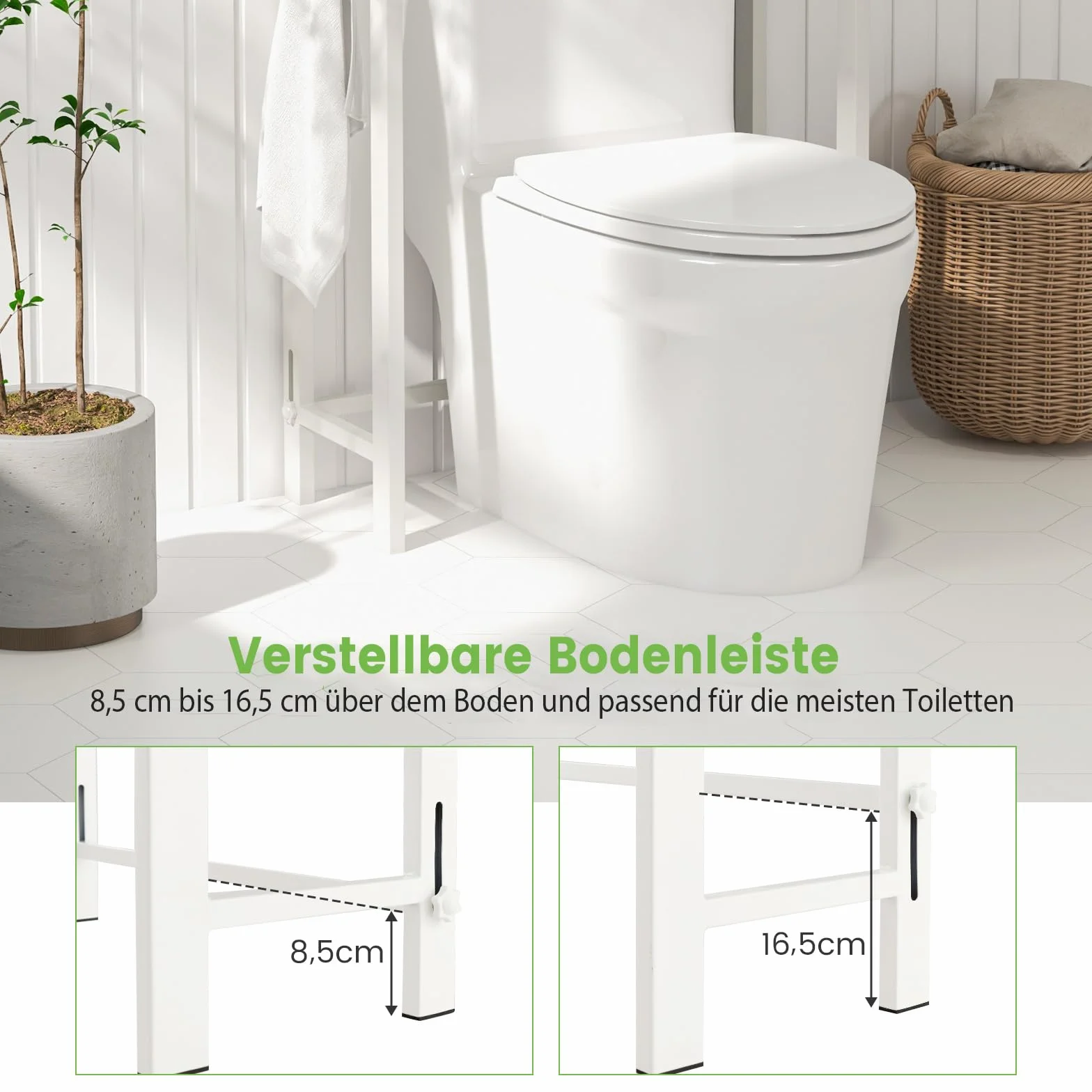 COSTWAY Regał toaletowy 170 cm, regał do WC z 3 półkami, metalowy regał do pralki, w zestawie 3 haczyki, z drążkiem poprzecznym z regulacją wysokości (biały)