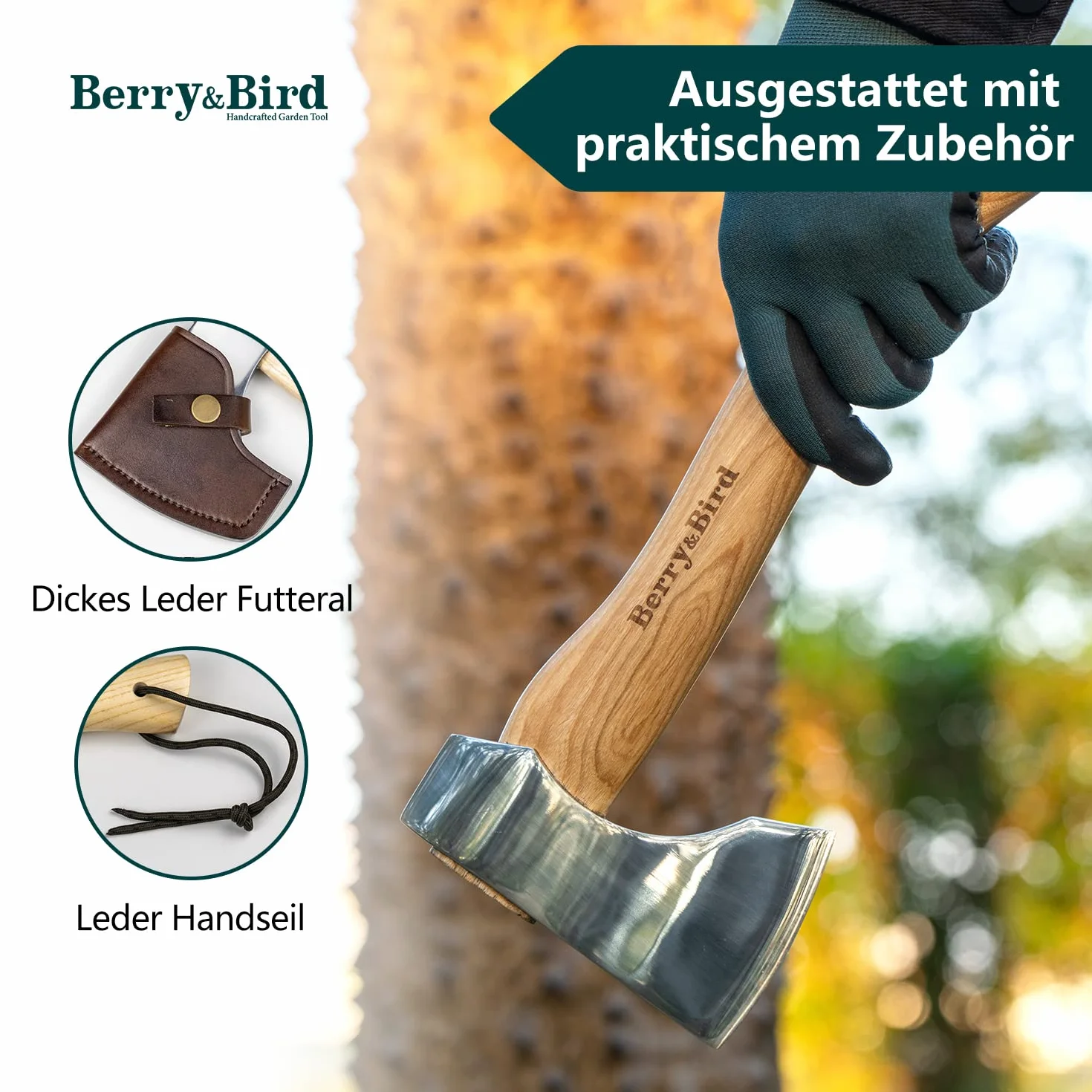 Berry & Bird siekiera drewniany uchwyt, 31,8 cm, ze skórzaną pochwą, mała siekiera rozłupująca, ostrze ze stali węglowej, narzędzie survivalowe