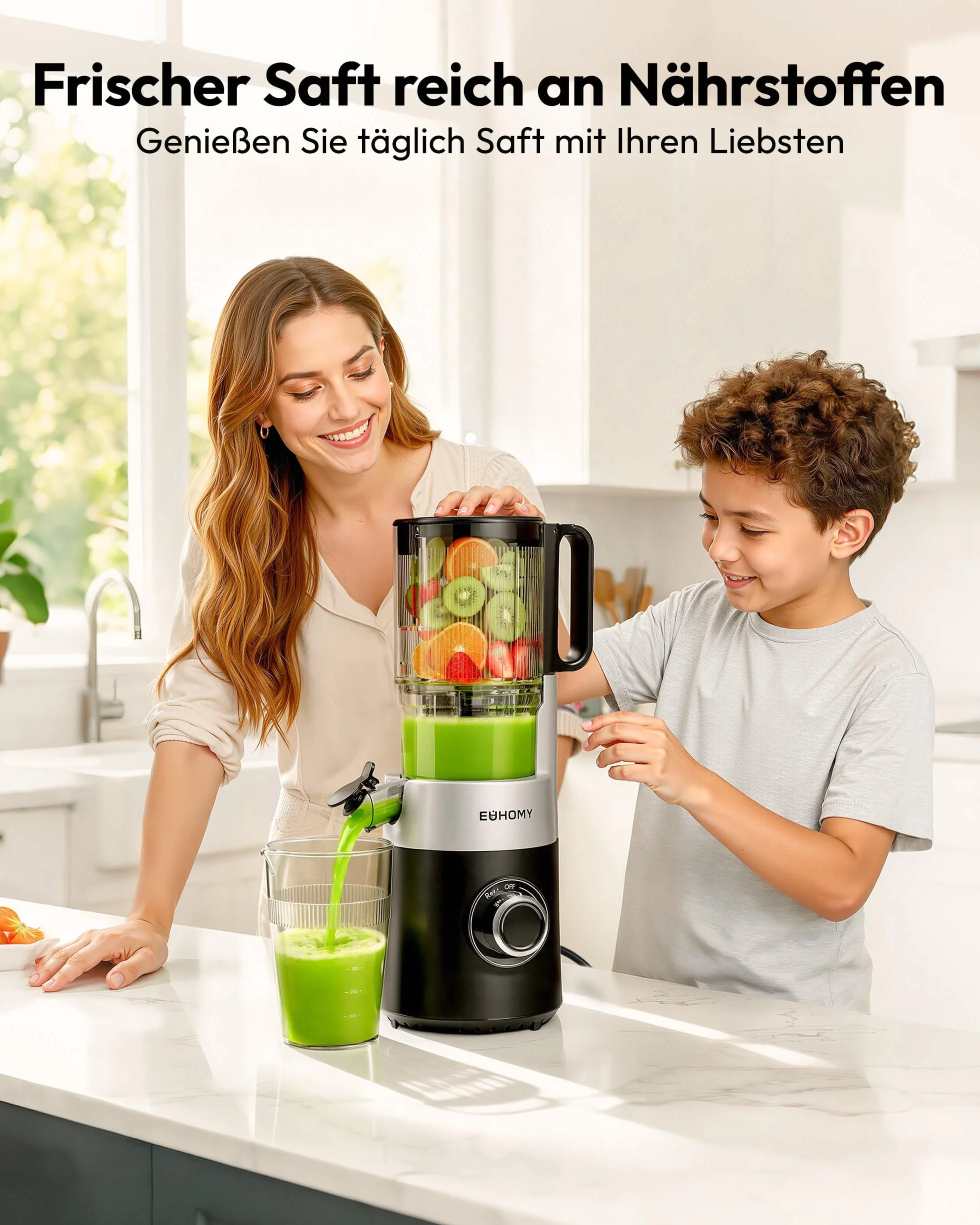 EUHOMY Sokowirówka, Slow Juicer, sokowirówka do warzyw i owoców, zwycięzca testu z otworem do napełniania 135 mm, pojemność 1,8 l, 2 filiżanki | elektryczna wyciskarka do soków, czarna srebrna