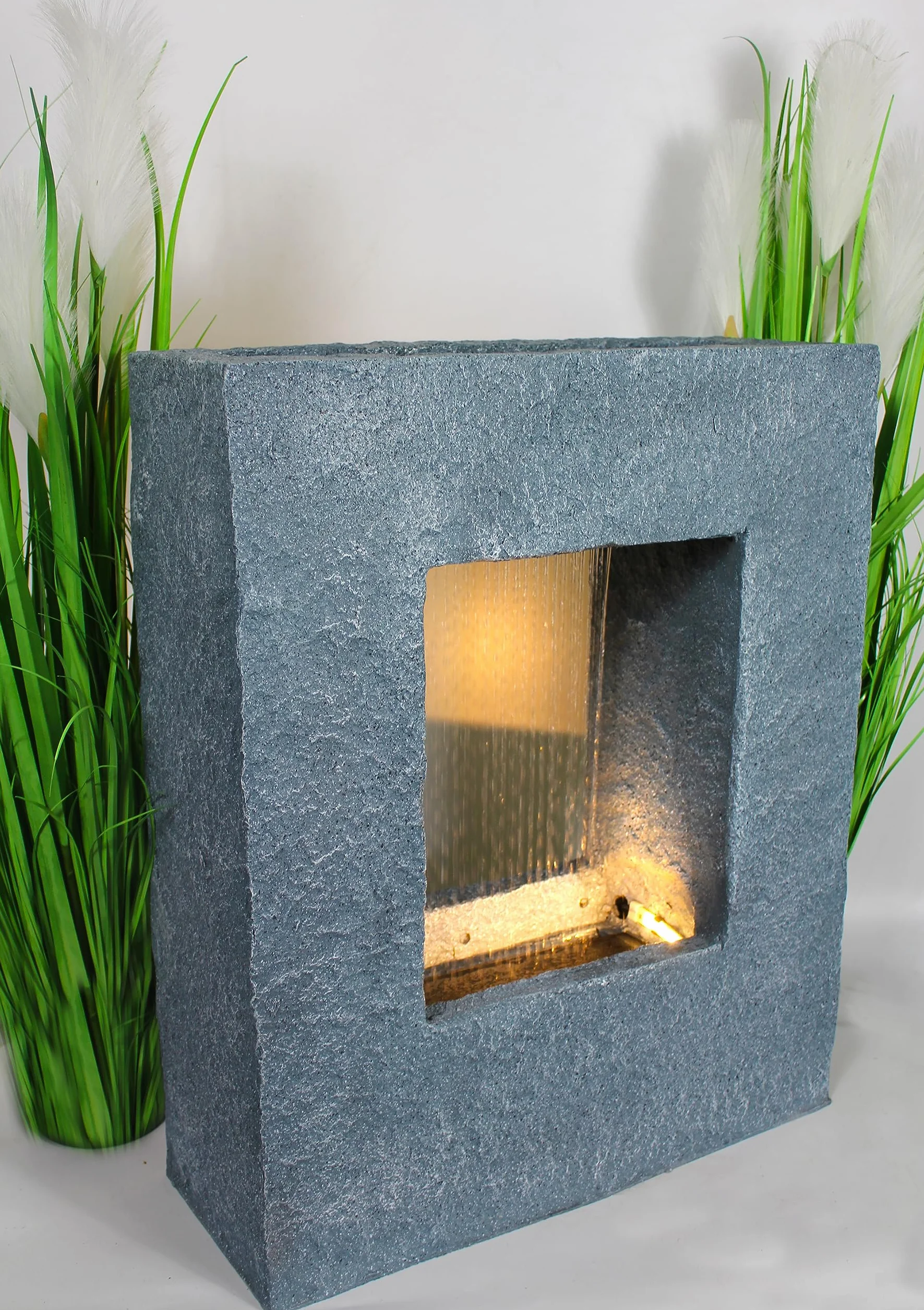 Fontanna ogrodowa z oświetleniem LED 65x53 cm fontanna pokojowa fontanna wygląd kamienia deszcz wodospad prostokątna ciepłobiała fontanna ogrodowa dekoracja ogrodowa