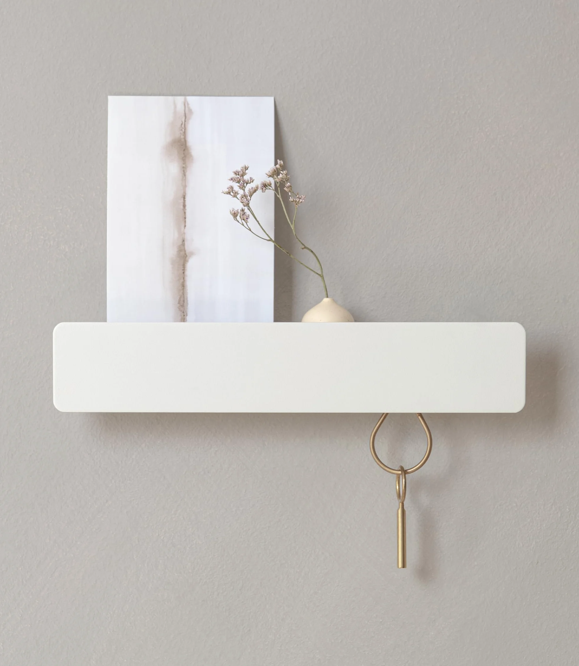 Kazai. Tablica na klucze 'Kian' | Minimalistyczny design haka z Berlina | Nowoczesny metalowy uchwyt z półką | Regał jako mebel do przedpokoju na ścianę | Biały