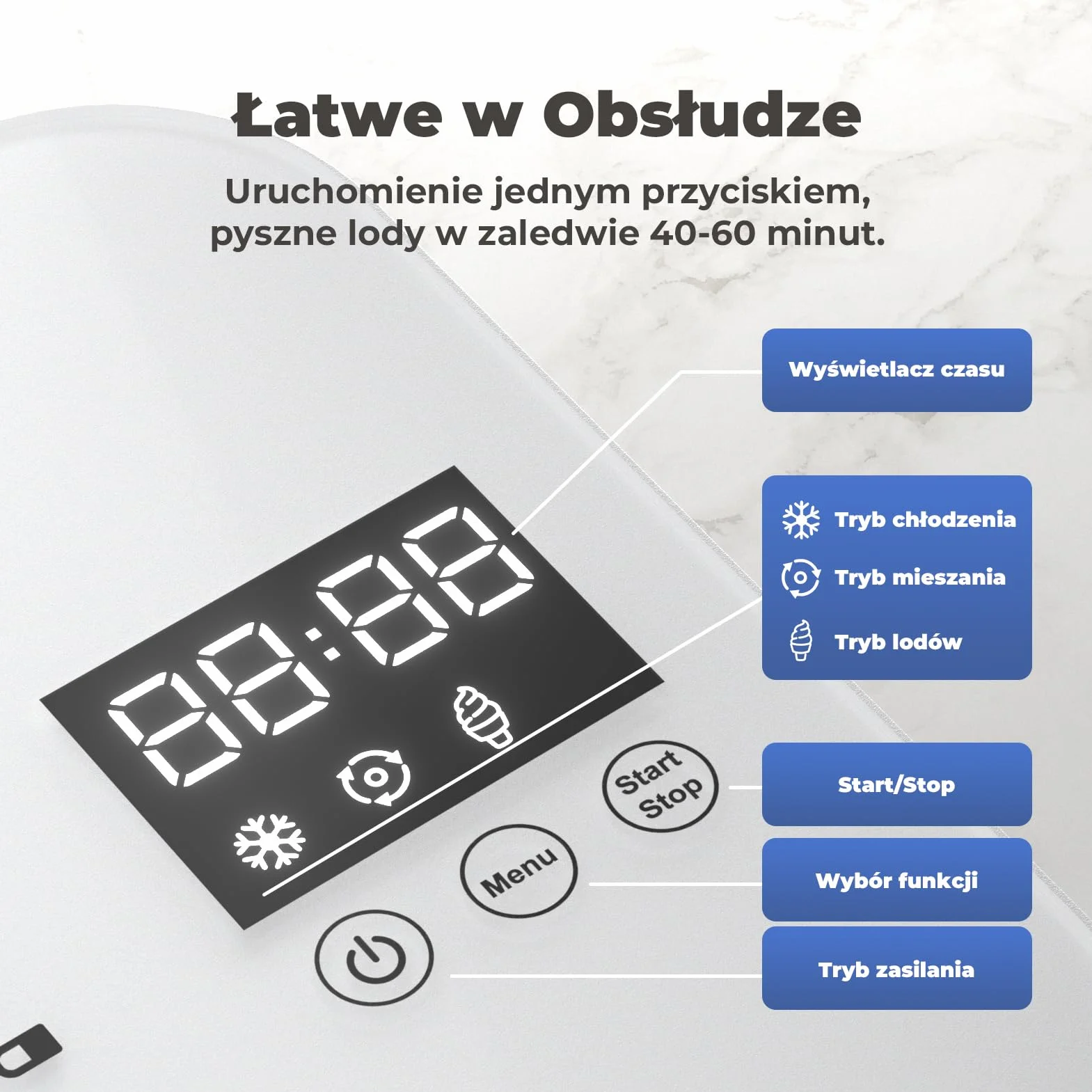 maszynka do lodów z kompresorem 1L, maszynka do lodów z samochłodzącym kompresorem z wyjmowanym pojemnikiem na lód, w zestawie łyżka/kubek z miarką z skalą