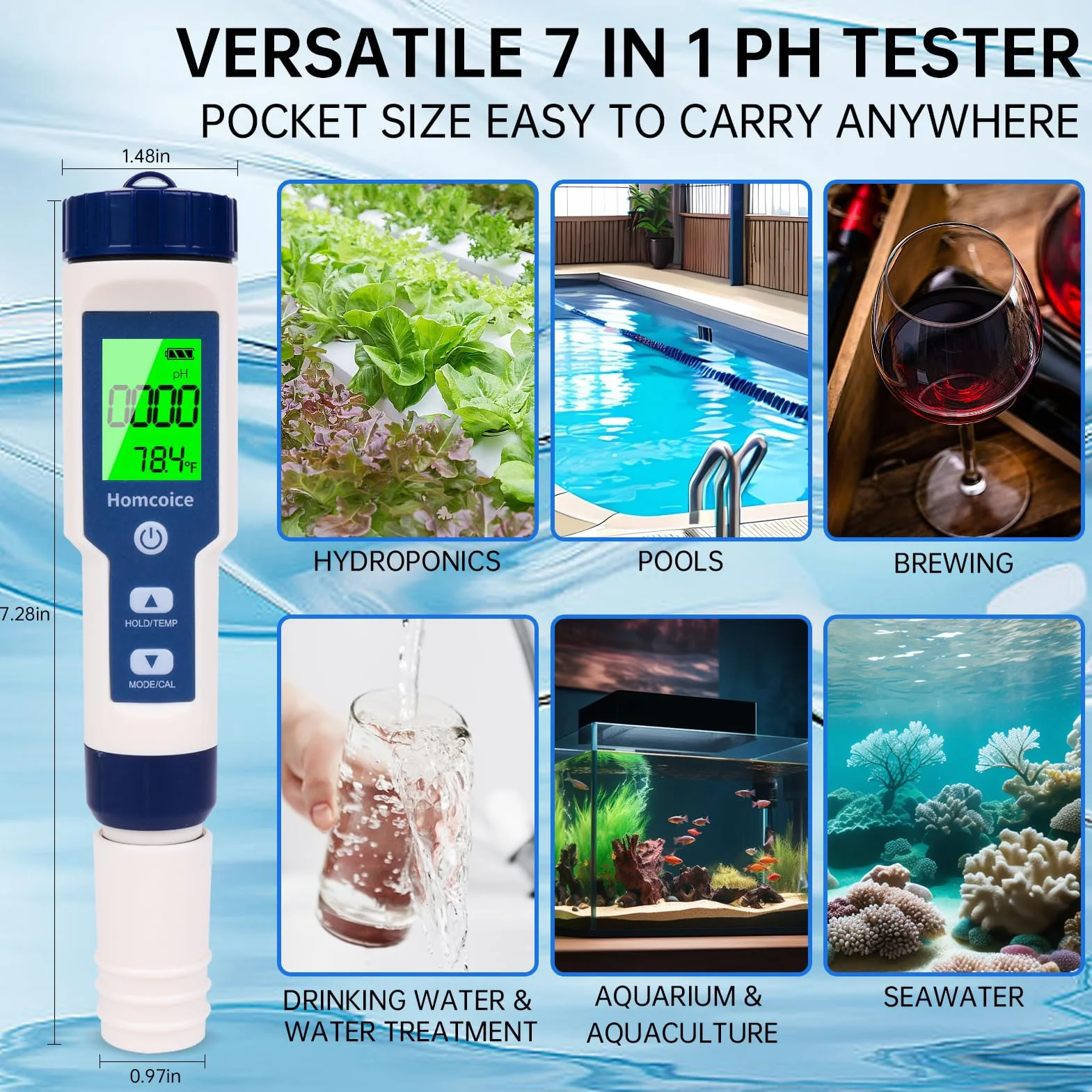Miernik pH 7 w 1 z TDS EC Salinity S.G ORP, profesjonalny tester pH, miernik zawartości soli, wodoszczelność IP67, precyzyjny cyfrowy miernik pH basenu z funkcją ATC