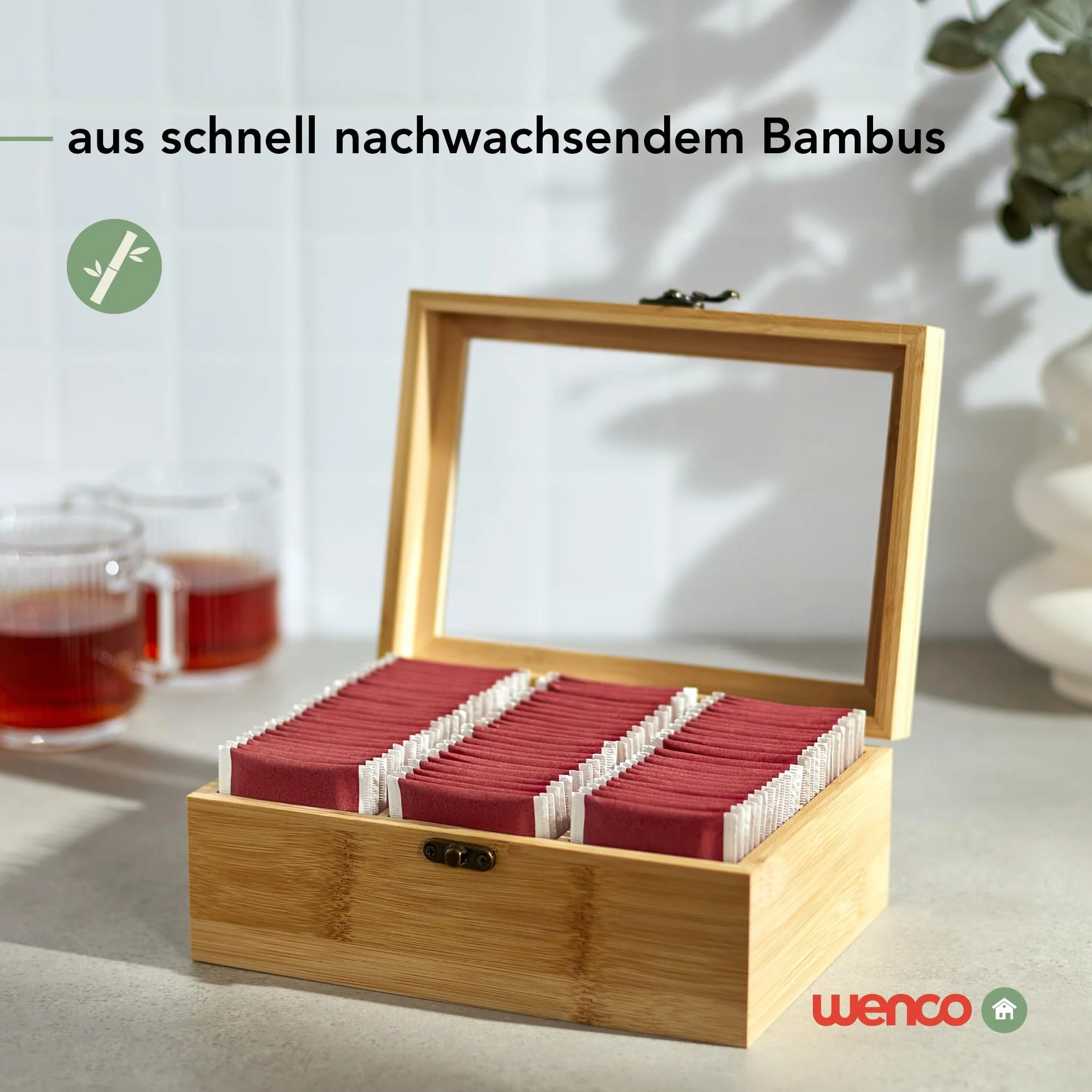 wenco Pudełko na herbatę premium z 6 przegródkami, 21,7 x 16 x 9 cm, bambusowe, jasnobrązowe